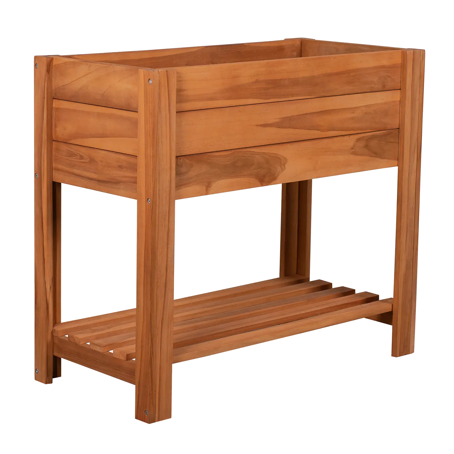 Der Kräuterhochbeet, ein rechteckiger Pflanzkasten aus warm getöntem Teakholz, eignet sich ideal für ein Kräuterbeet. Er steht auf vier Beinen und verfügt über ein Lattenregal für zusätzlichen Stauraum. Er passt perfekt in jeden Garten oder Innenbereich.