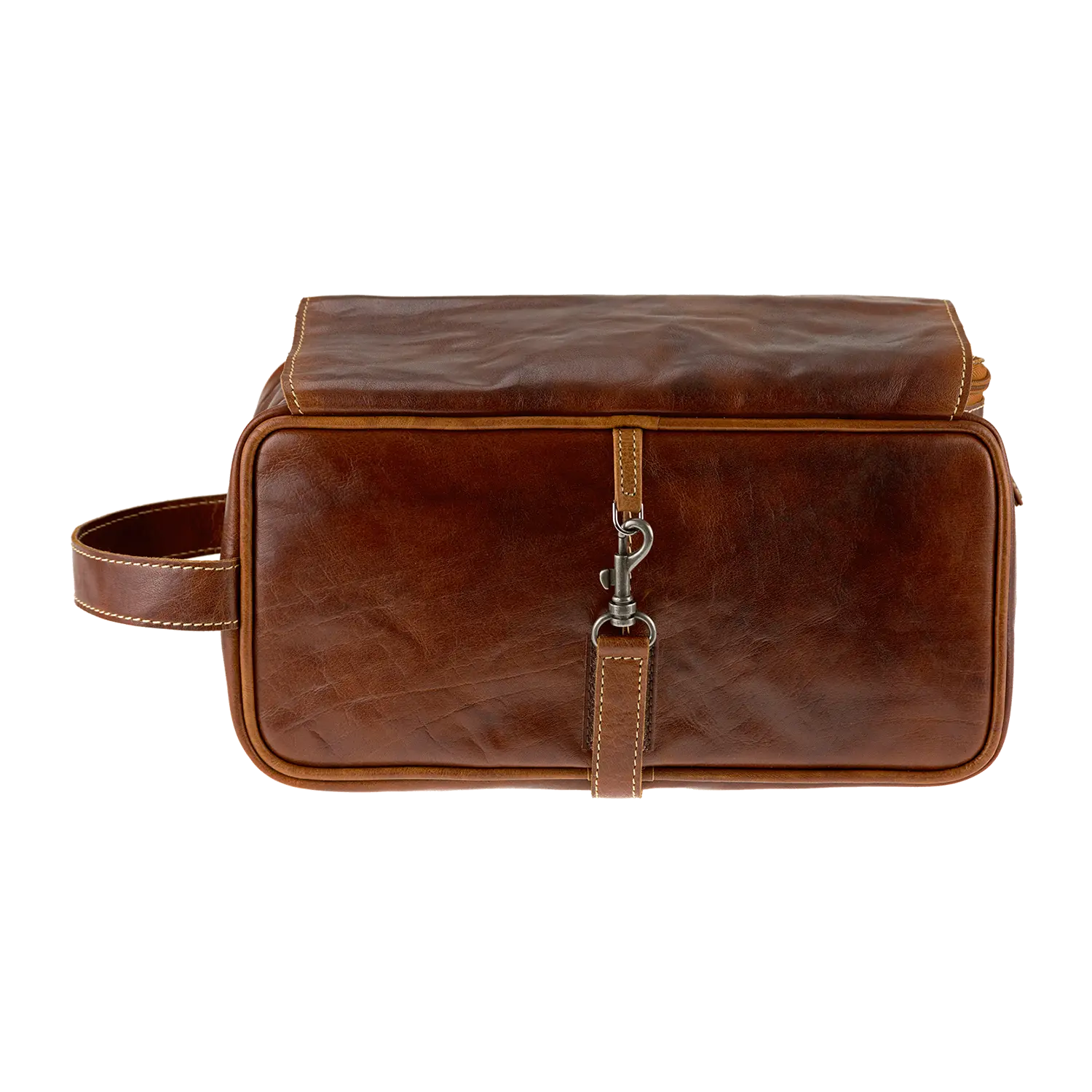Die Kulturtasche für Damen und Herren präsentiert sich im braunen Lederdesign mit seitlichem Griff und elegantem silbernen Hakenverschluss. Wenn es flach ausgelegt wird, schützen seine strukturierte Oberfläche, die Nahtdetails und das wasserabweisende Innenfutter Ihre wichtigsten Dinge.