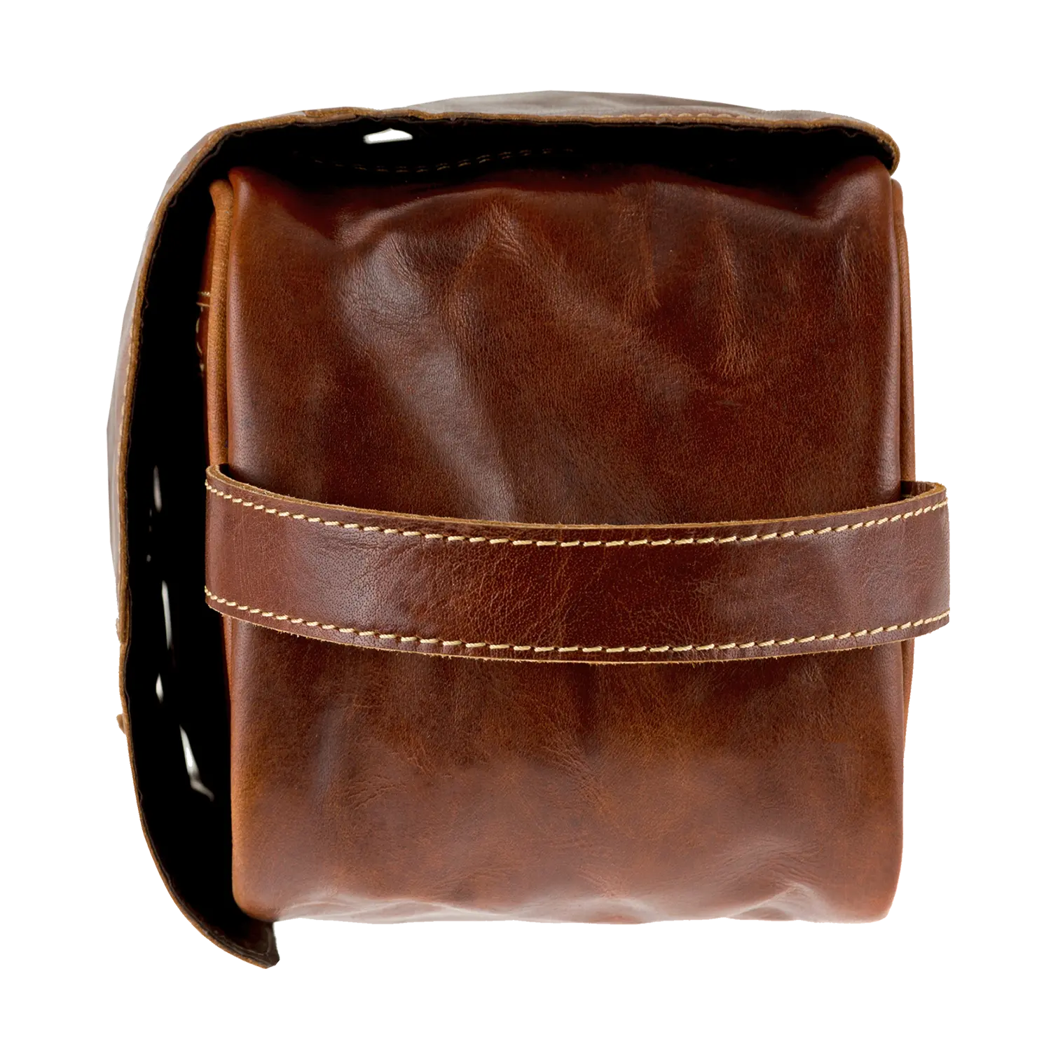 Eine Draufsicht auf eine braune „Kulturtasche für Damen und Herren“ hebt ihren Riemen hervor und zeigt saubere Nähte und eine glatte, wasserabweisende Textur.
