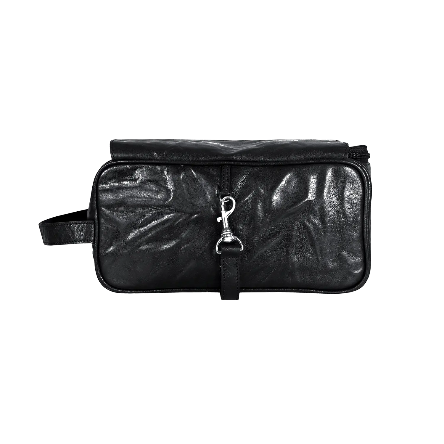 Die Kulturtasche für Damen und Herren verfügt über eine schwarze Lederclutch mit glänzender Oberfläche, schlankem rechteckigem Design, Metallverschluss und Seitengriff. Sein Inneres verfügt über ein wasserabweisendes Innenfutter, um Ihre wichtigsten Dinge geschützt aufzubewahren.