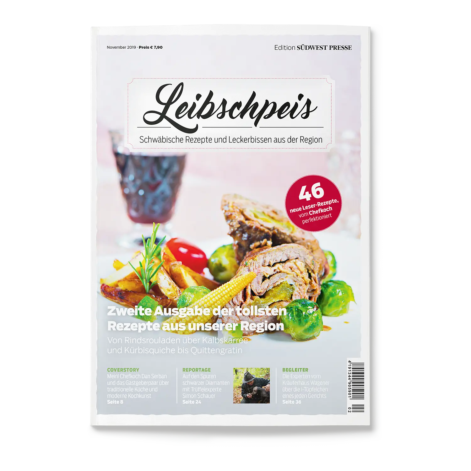 Titelbild der Zeitschrift Leibschpeis 2019 I 2. Ausgabe mit Köstlichkeiten der schwäbischen Küche. Das Titelbild zeigt ein Gericht mit Fleisch, Rosenkohl und Kartoffeln. Highlights sind 46 regionale Rezepte und kulinarische Reportagen, mit elegantem Ausgabehinweis am oberen Rand.