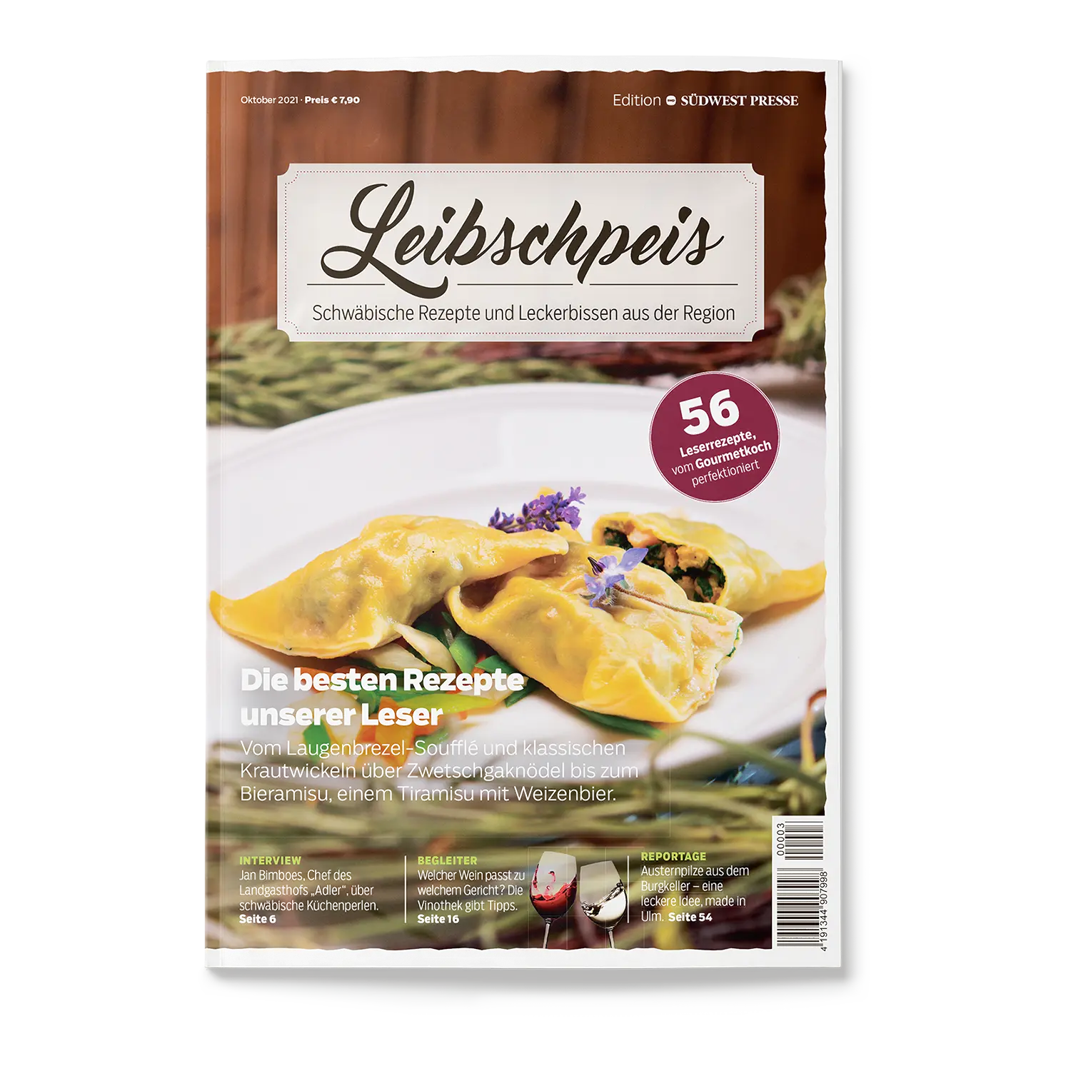 Das Cover des Set Leibschpeis 2019/2021 zeigt ein gefülltes Nudelgericht mit floraler Garnitur und präsentiert „56 Lieblingsrezepte“, regionale Köstlichkeiten und Leserrezepte. Präsentiert von der SÜDWEST PRESSE, verkörpert es ein rustikales kulinarisches Thema.