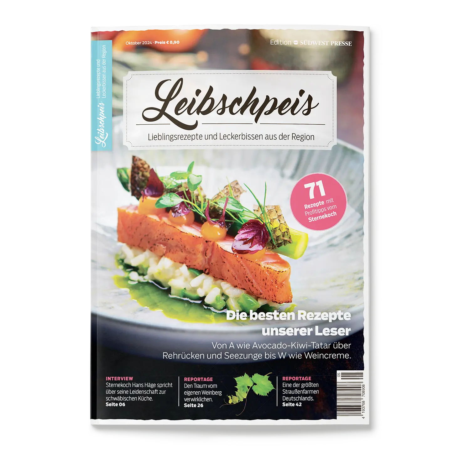 Das Cover des Magazins vom Set Leibschpeis 2019/2021/2023/2024 zeigt Lachs-Avocado-Tartar. Im Inneren finden Sie Leserrezepte und kulinarische Artikel. Ein oberes Banner zeigt „September 2023“ mit einem Preis von 6,90 €.
