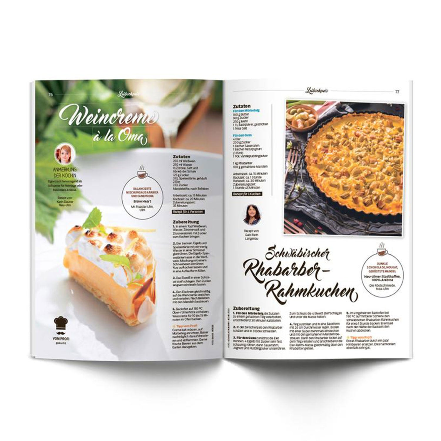 Leibspeis 2024 | 5. Ausgabe öffnet Seiten mit „Weincreme à la Oma“ mit einem Bild von gelbem Vanillepudding auf der linken Seite und dem Rezept „Schwäbischer Rhabarber-Rahmkuchen“ von Sternekoch Hans Häge auf der rechten Seite.
