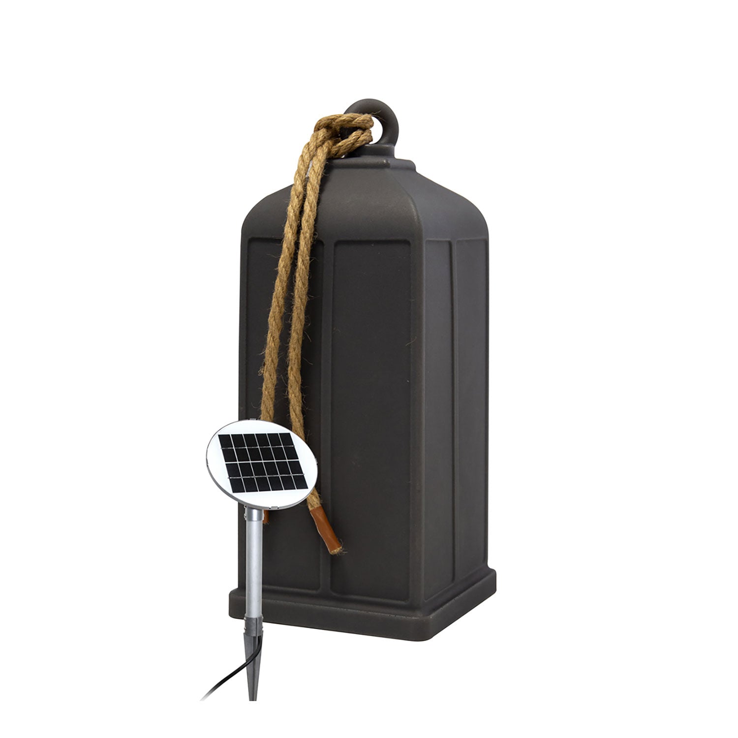 Die Leuchtende Solarlaterne ist eine dunkle, rechteckige Laterne mit Seilgriff und schlichtem, modernem Design. Ausgestattet mit Solarenergie-Technologie und einem Stab, thront sie elegant vor einem schlichten weißen Hintergrund.