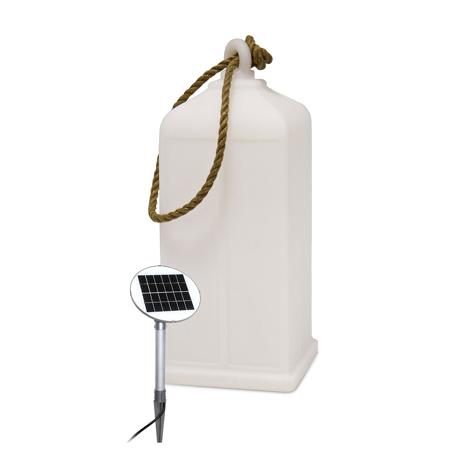 Eine große leuchtende Solarlaterne mit Seilgriff ist auf weißem Grund abgebildet. Daneben befindet sich ein kleines, per Kabel angeschlossenes Solarpanel, das die effiziente Nutzung der Solarenergie unterstreicht.