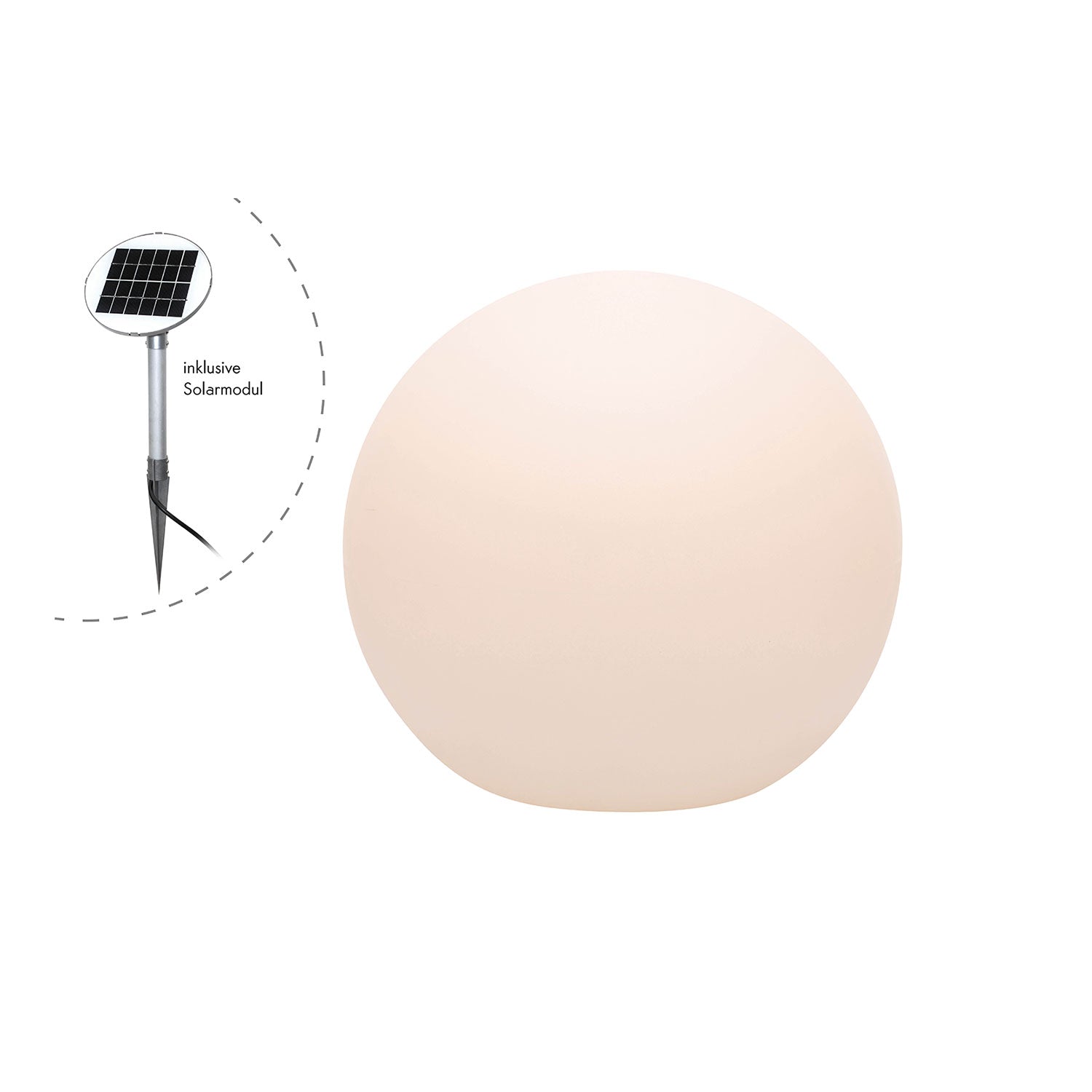 Die Leuchtkugel Solar präsentiert sich als rundes, leuchtendes Dekorationsobjekt mit einem umweltfreundlichen Solarpanel auf einem Stab. Die cremefarbene Kugel bildet einen harmonischen Kontrast zum schlichten weißen Hintergrund.