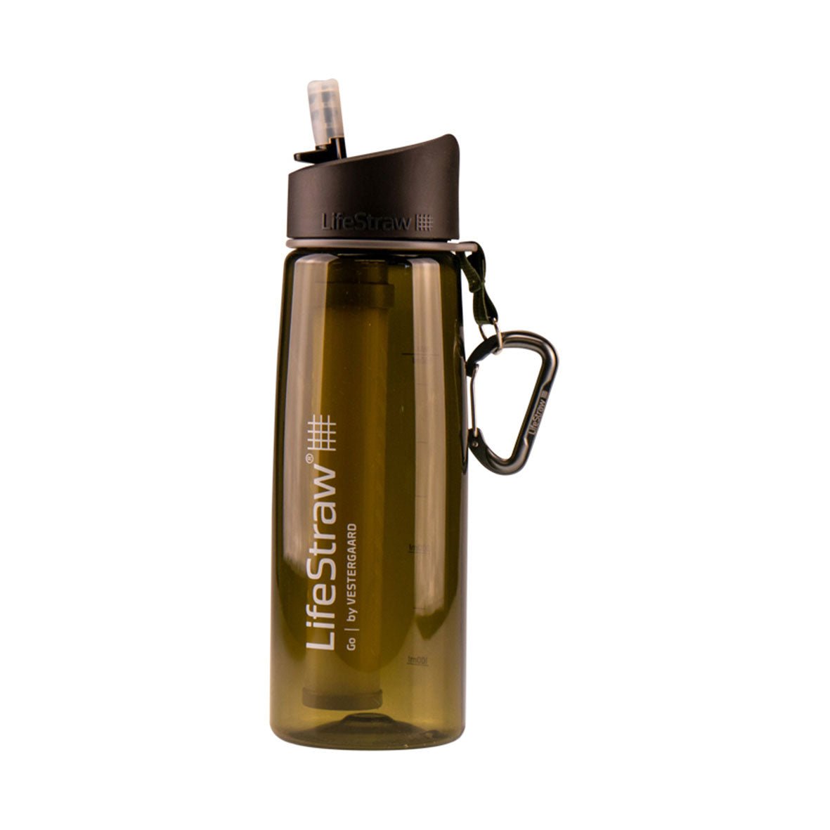Die LIFESTRAW GO2 Wasserflasche mit Filter in GRÜN verfügt über eine olivgrüne Farbe, einen schwarzen Deckel, einen integrierten Strohhalm für sauberes Trinkwasser und verfügt über einen Metallkarabiner zur einfachen Befestigung zum Schutz vor Bakterien und Parasiten.