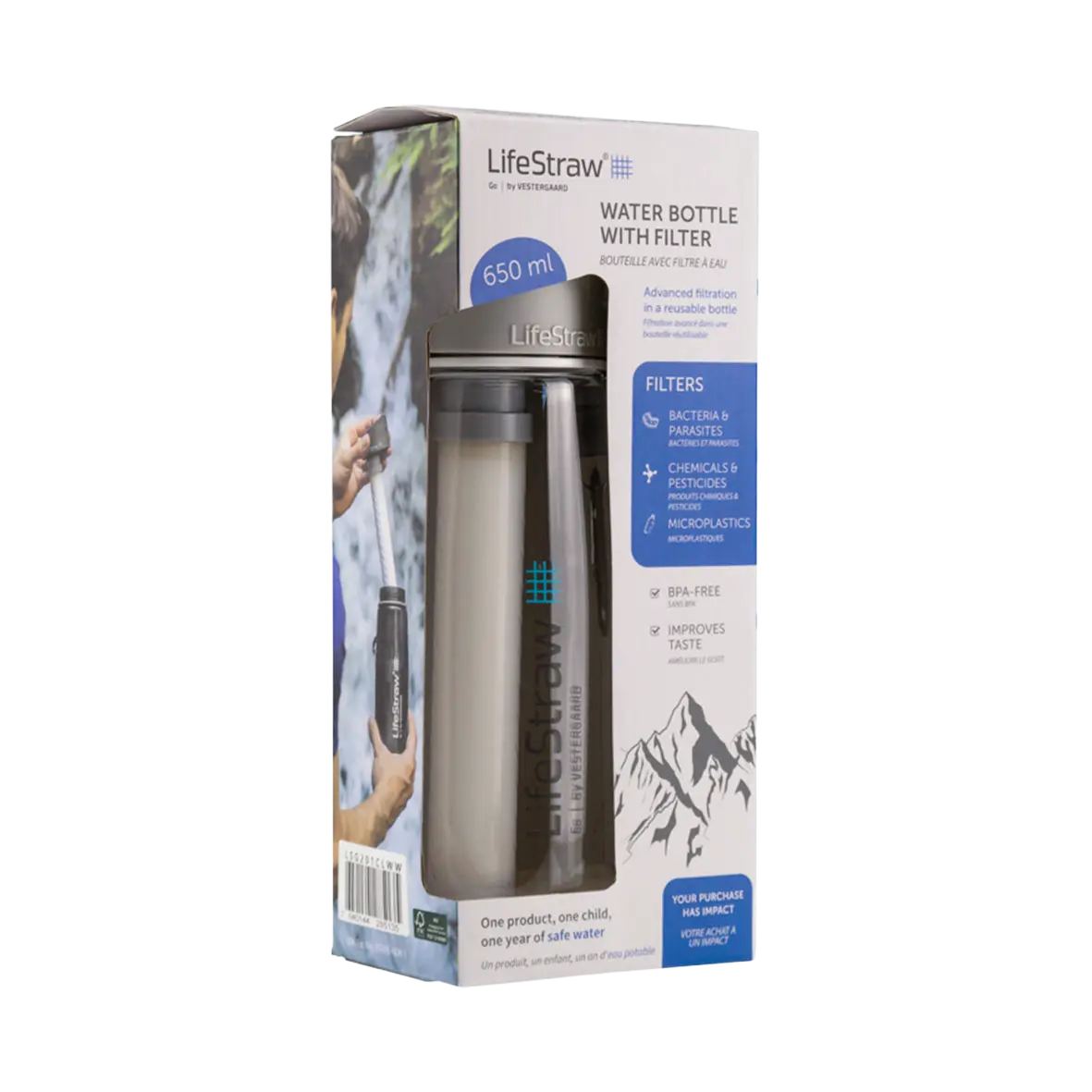 Die LifeStraw GO2 Wasserflasche mit Filter in der Verpackung