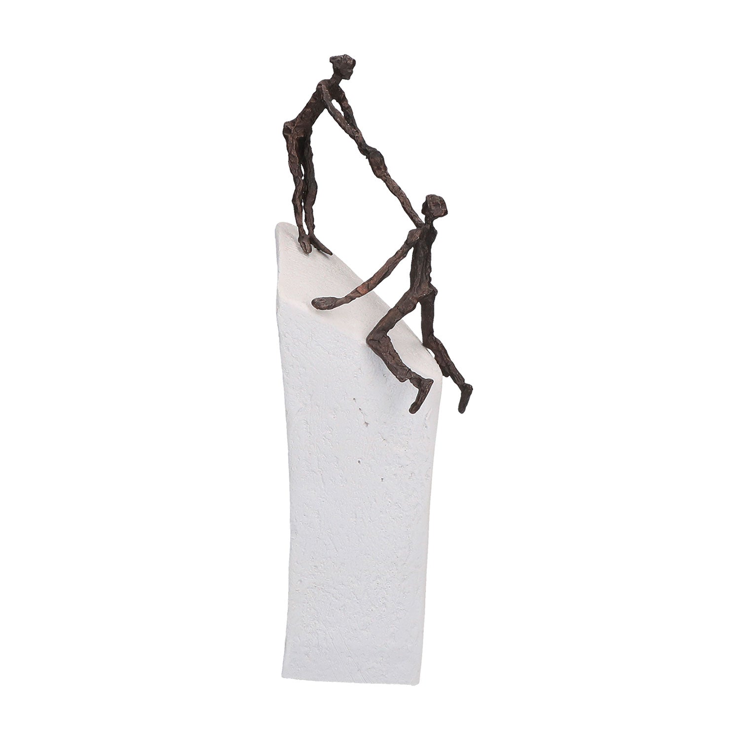Die Skulptur „Zu zweit geht's“ von Luise Kött-Gärtner zeigt zwei Bronzefiguren in minimalistischem Design. Eine hilft der anderen auf einer glatten weißen Struktur und symbolisiert so Unterstützung und Teamwork. Dieses elegante Stück bereichert Ihre Wohnaccessoires-Sammlung perfekt.