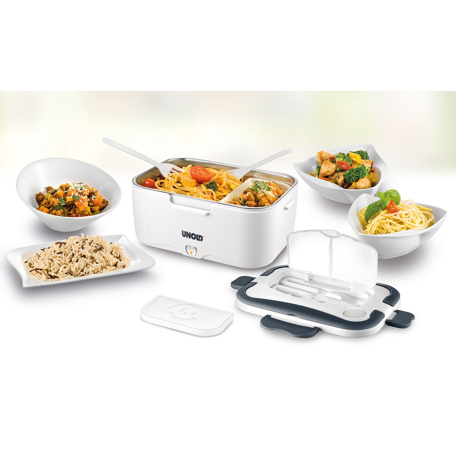 Eine Lunchbox mit Wärmefunktion für Gerichte wie Reis, Gemüsepasta und Curry. Der Deckel verfügt über einen integrierten Löffel- und Gabelhalter, während der Edelstahlbehälter für Langlebigkeit und Effizienz sorgt.
