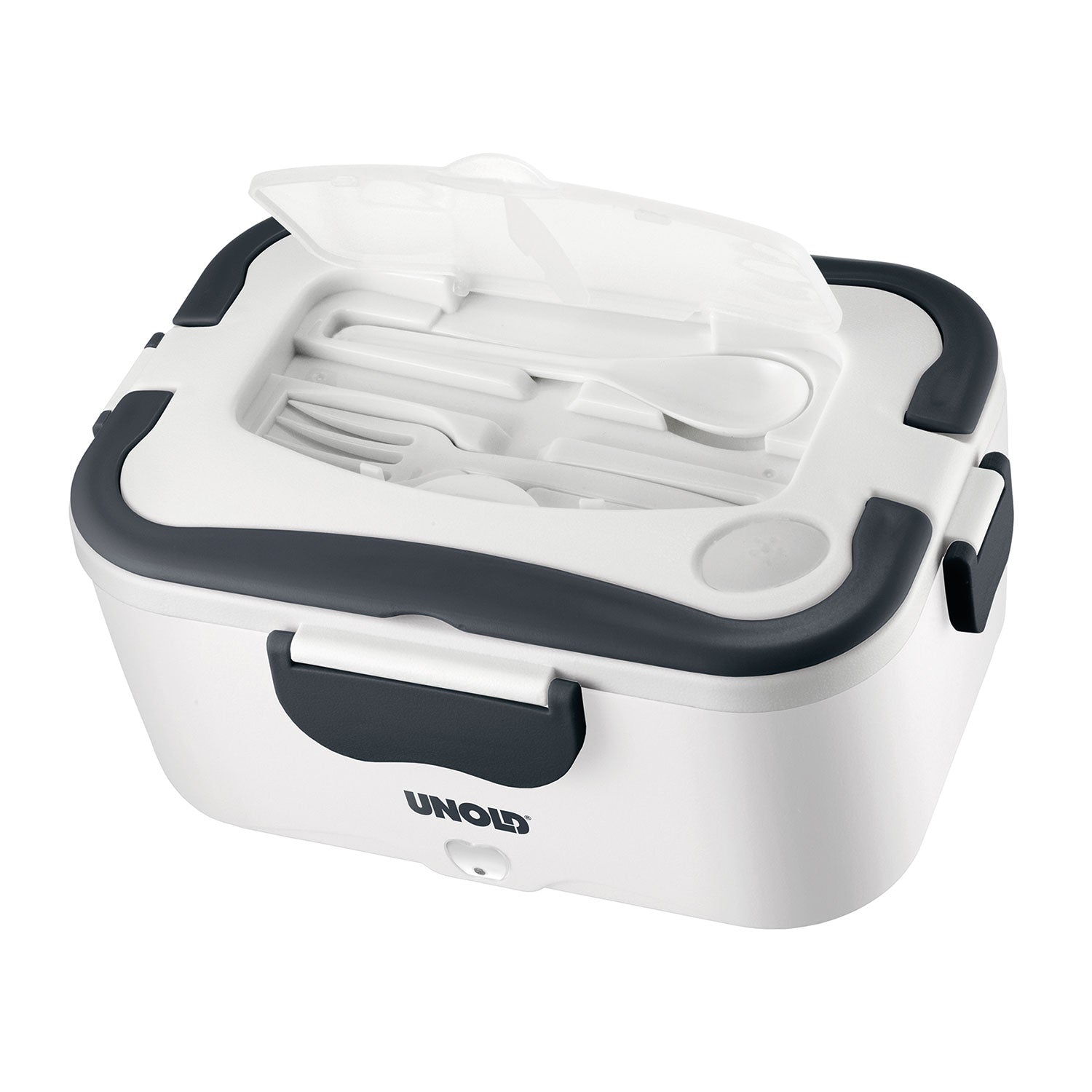 Die weiß-graue Lunchbox mit Wärmefunktion hat einen transparenten Deckel mit Gabel und Löffel. Sie verfügt über einen praktischen Tragegriff, den Markennamen „UNOLD“ auf der Vorderseite und einen Edelstahlbehälter für lange Haltbarkeit.