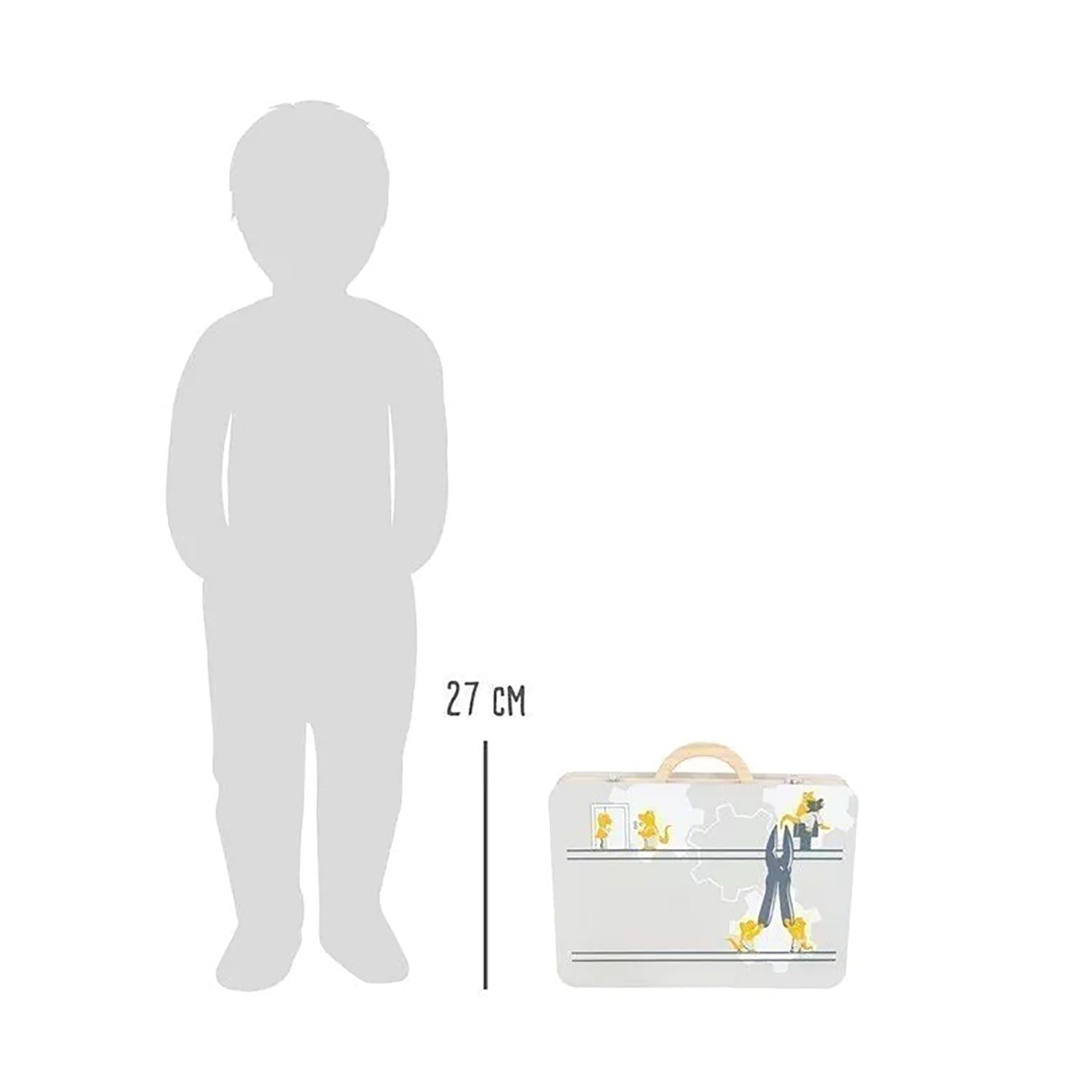 Ein Kind steht neben einem 27 cm großen illustrierten Koffer, ähnlich einem Rollenspiel-Zubehör. Der Koffer zeigt bezaubernde Katzen- und Vogelzeichnungen in hellen Farben und schlichtem Design und eignet sich daher ideal als „Werkzeugkoffer für Kinder ab 3 Jahre (aus Holz)“ für neugierige und kreative junge Köpfe.