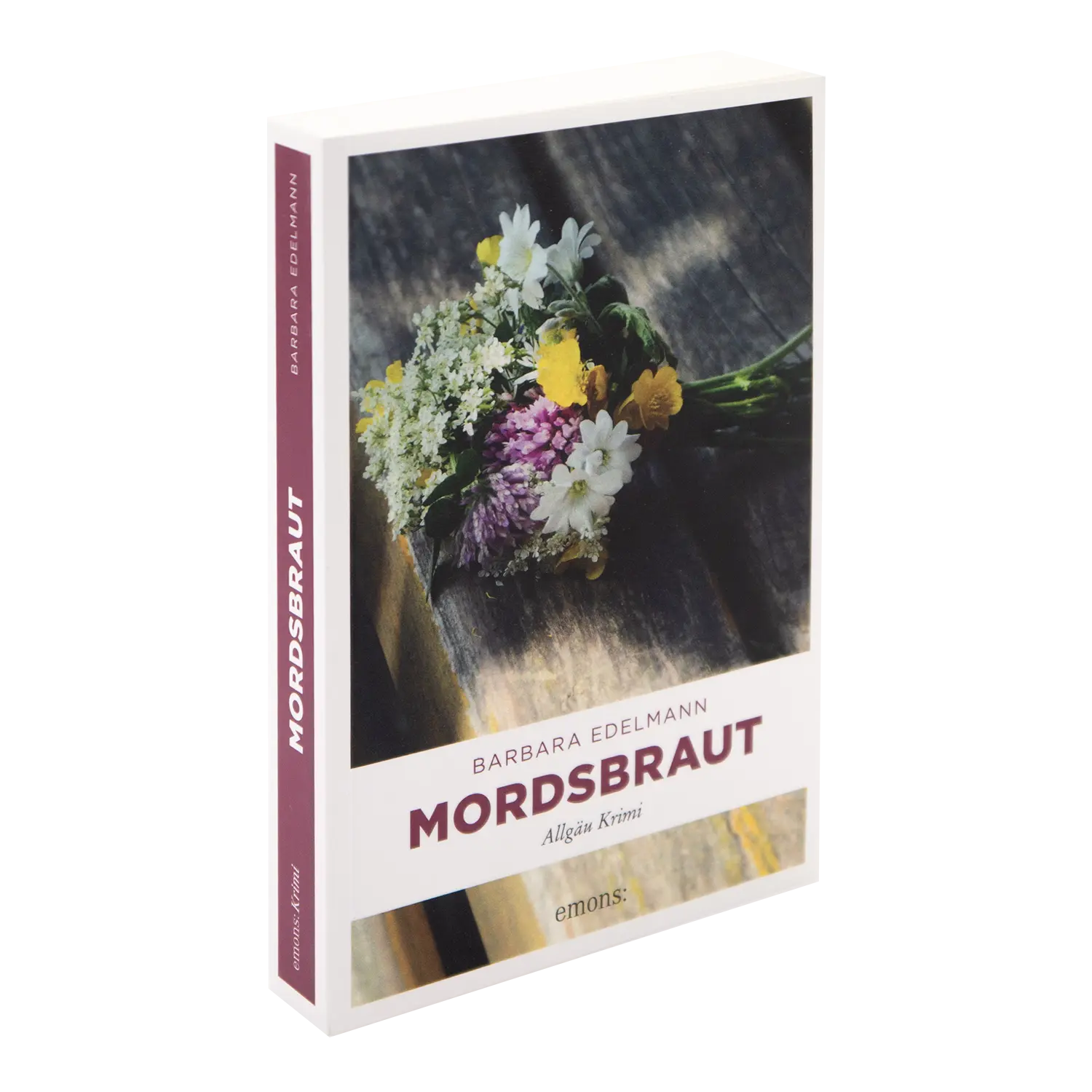 Der Allgäu-Krimi „Mordsbraut“ von Barbara Edelmann zeigt auf einem Holzdeckel einen Strauß aus Margeriten und Lavendel und lädt mit seinem Titel in diesen spannenden Kriminalroman ein.
