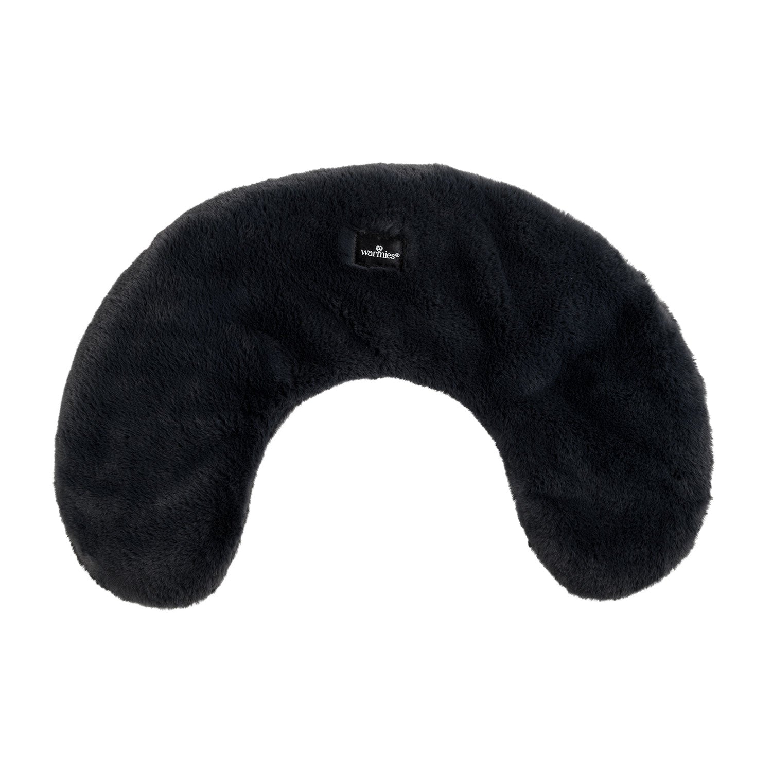 Der Nackenwärmer ist ein halbmondförmiges, schwarzes Nackenkissen mit weicher, flauschiger Textur und einer Füllung aus Hirsekorn-Lavendel. Es hat ein kleines schwarzes Etikett mit weißem Text in der Mitte und bietet mit seinem schlichten, monochromen Design ein erstklassiges Nackenwärmerlebnis.