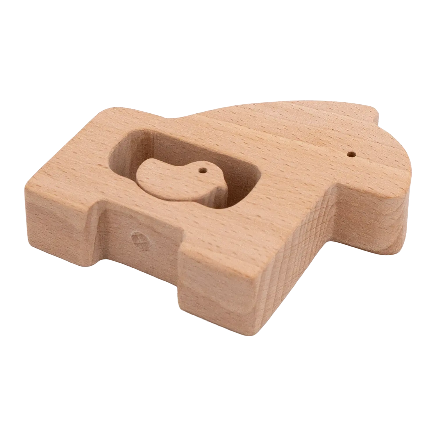 Eine Rassel aus Holz für Babys (Seitenansicht)