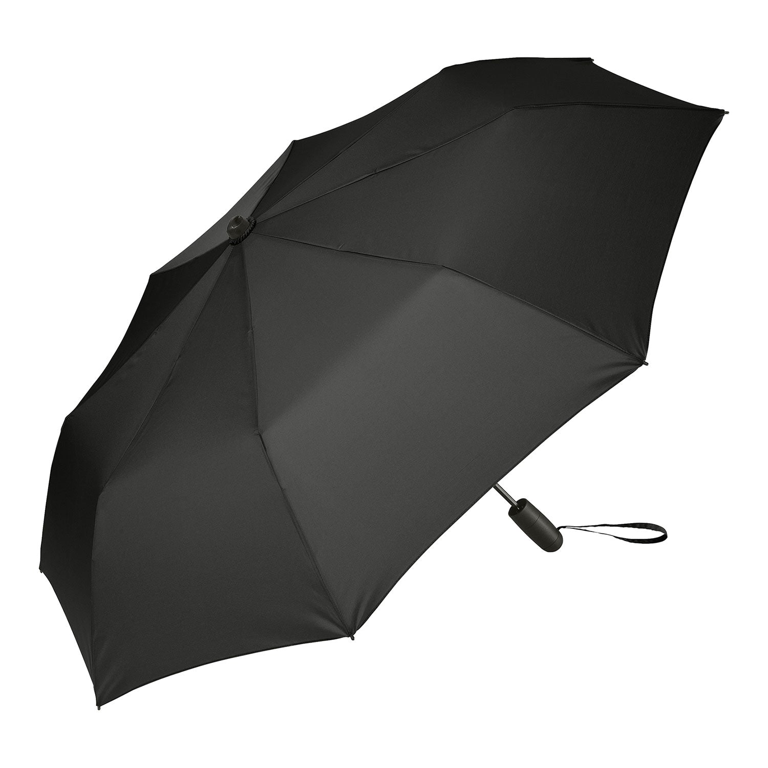 Der Oversize-Taschenschirm mit Beleuchtung ist ein schwarzer Regenschirm mit gebogenem Griff, Handschlaufe, integrierter Beleuchtung und Windproof-System, isoliert auf weißem Hintergrund.