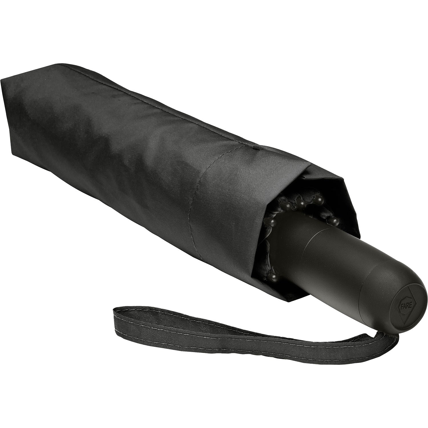 Der Oversize-Taschenschirm mit Beleuchtung ist ein geschlossener schwarzer Regenschirm mit teilweise sichtbarem Griff, der in einer passenden Hülle mit kleiner Handschlaufe zum einfachen Tragen steckt. Auf weißem Untergrund ruht er auf einem fortschrittlichen Windschutzsystem, das starken Böen mühelos standhält.