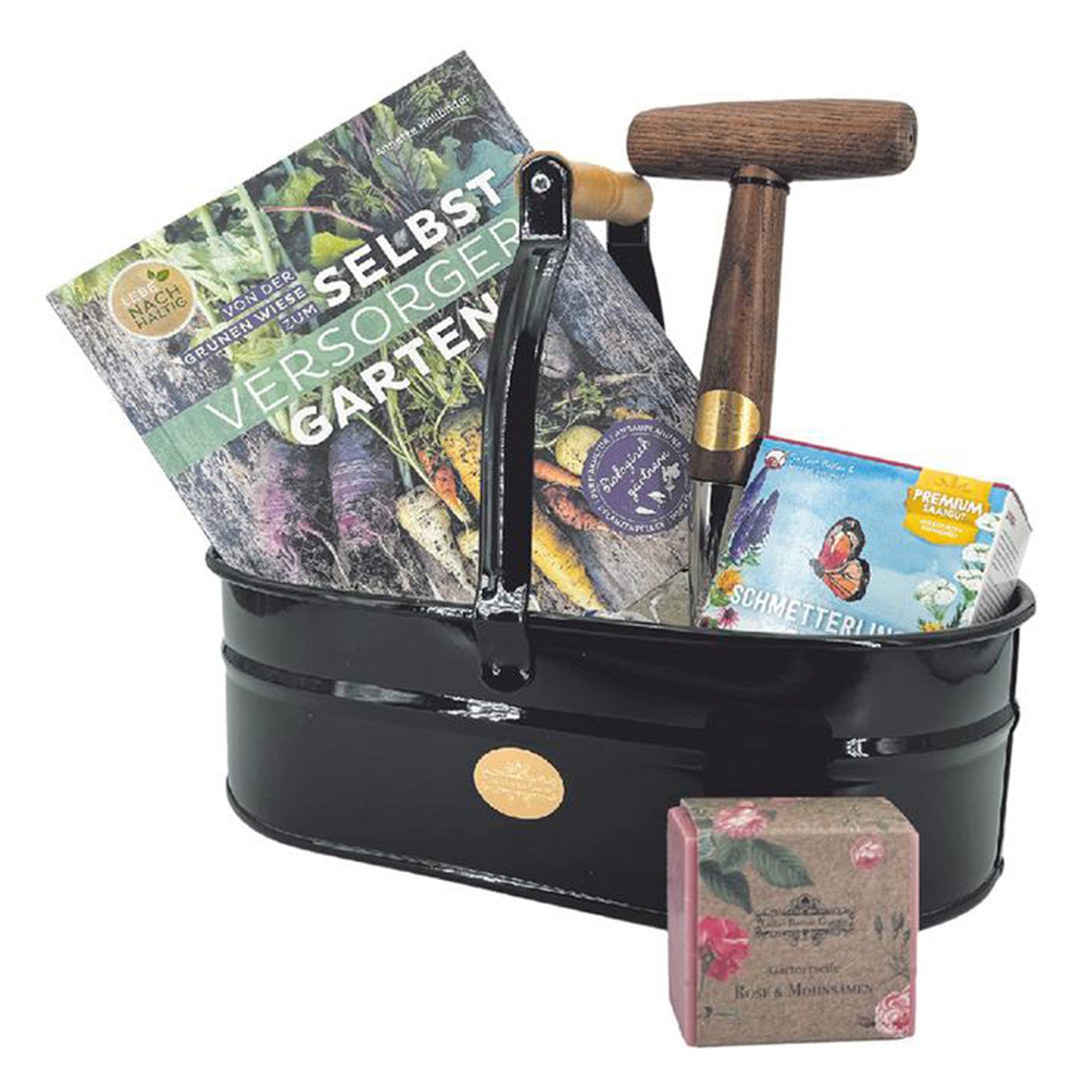 Das Pflanzset - Geschenke für Gartenfreunde enthält eine schwarze Metallkiste in British Racing Green mit Gartenbuch, Holzgriff-Gartengerät, Premium-Saatgut für Schmetterlingsblumen und einer kleinen Seifenschachtel – das ideale Geschenk für Gartenliebhaber.