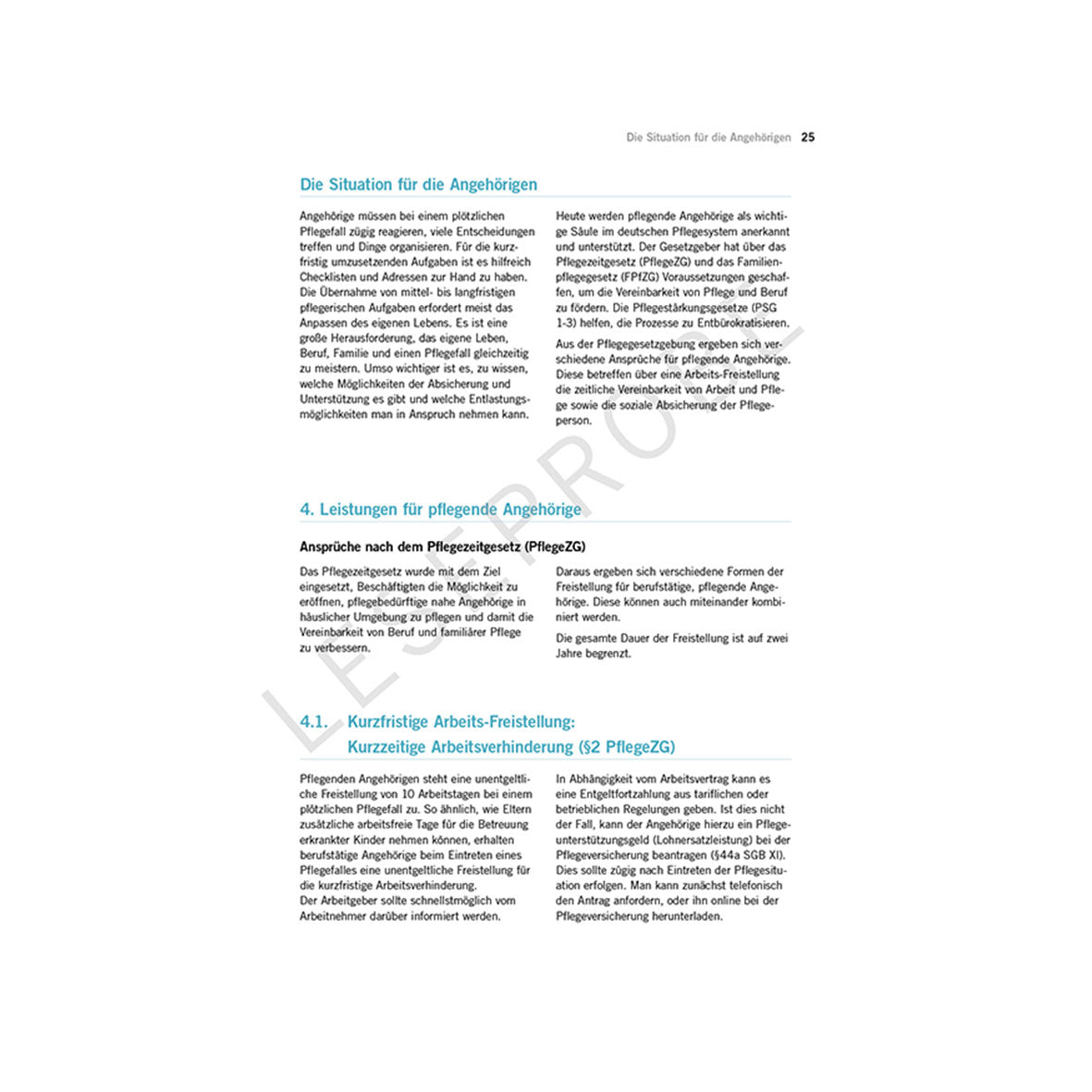 Auf einer Seite aus einem deutschen Dokument zur Unterstützung von Pflegekräften wird der Artikel „Pflege und Vorsorge – Geregelt!“ vorgestellt. mit blauen Überschriften zu wichtigen Abschnitten: „Die Situation für die Angehörigen“, „Leistungen für pflegende Angehörige“ und „Kurzfristige Arbeits-Freistellung“, alle in schwarzer Schrift auf weißem Hintergrund.