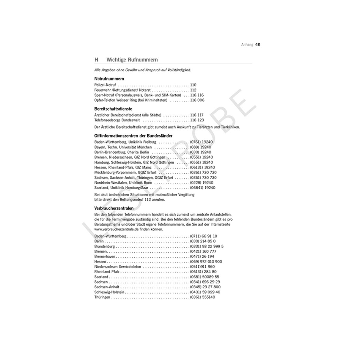 Eine Seite mit dem Titel „Wichtige Rufnummern“ in „Pflege und Vorsorge – Geregelt!“ listet die wichtigsten Notfallkontakte in Deutschland auf, darunter Polizei, Krankenwagen, Feuerwehr und Notrufnummern. Es ist mit Überschriften und Aufzählungspunkten gegliedert und verfügt als Teil des Handlungsleitfadens über einen Pflegefall-Hilfeteil.