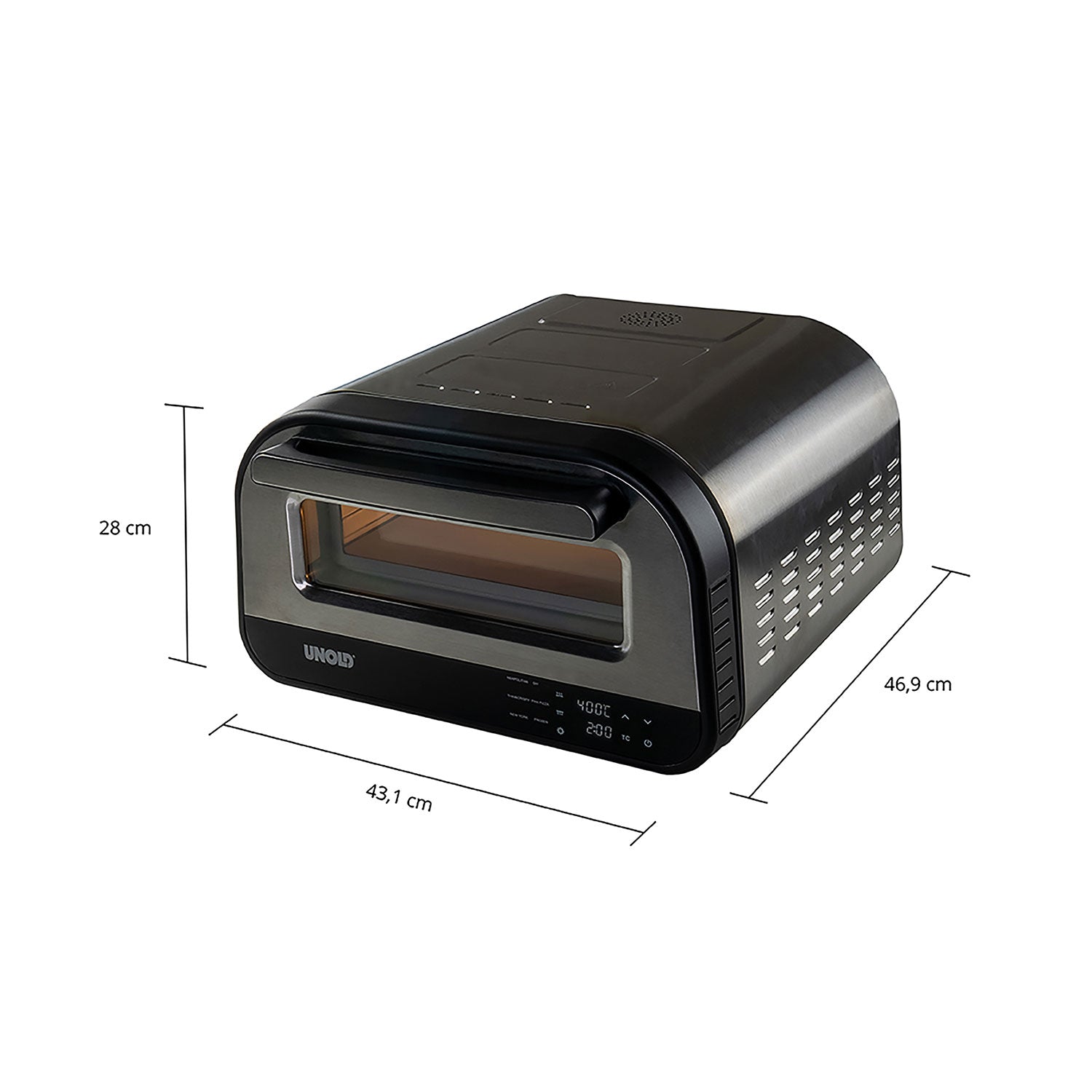 Der Pizzaofen mit digitalem Touch-Control-Display ist ein elegantes schwarzes Gerät mit Glastür und Bedienfeld sowie Automatikprogrammen für verschiedene Pizzavarianten. Mit seinen kompakten Abmessungen von 28 cm (H) x 43,1 cm (B) x 46,9 cm (T) eignet er sich perfekt für kleine Räume.