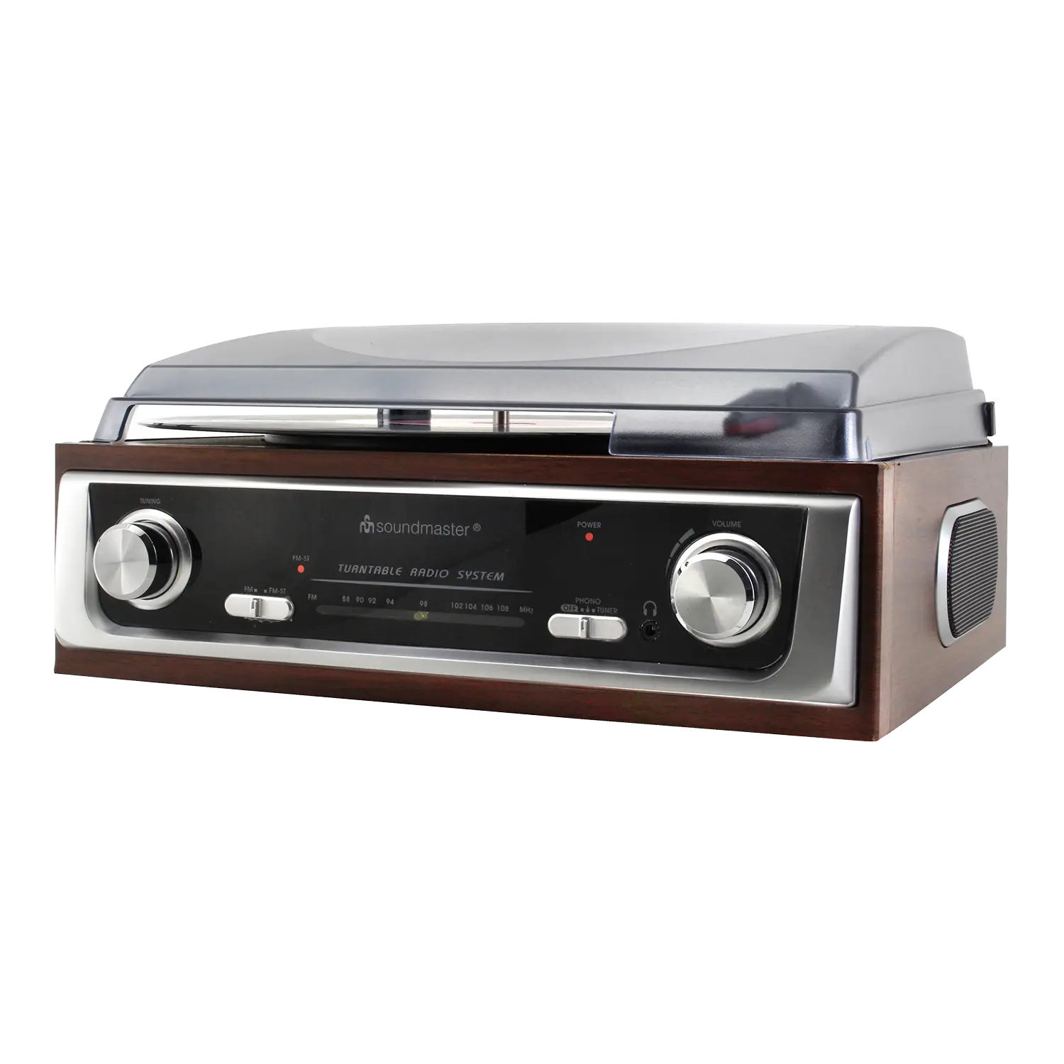 Der Plattenspieler mit UKW-Stereoradio verfügt über einen Vintage-Holzsockel, eine durchsichtige Staubschutzhülle