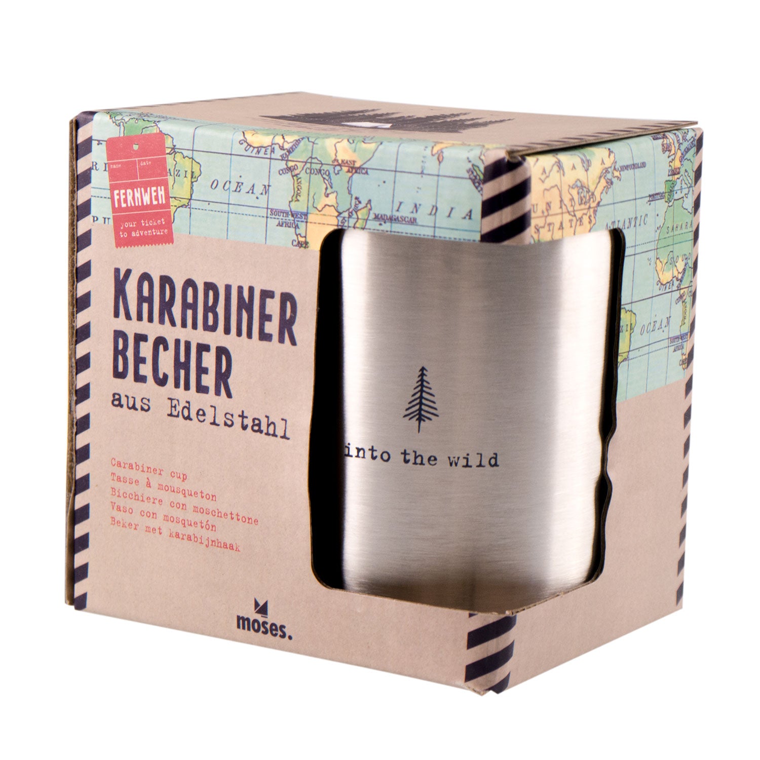 Der Fernweh-Karabinerbecher, zu sehen durch einen Verpackungsausschnitt mit einem Vintage-Kartendesign und dem Text „Karabinerbecher aus Edelstahl“, verfügt über eine Edelstahlkonstruktion, einen Karabinergriff, ein kleines Baumlogo und den Spruch „Into the Wild“ – ideal zum Campen.