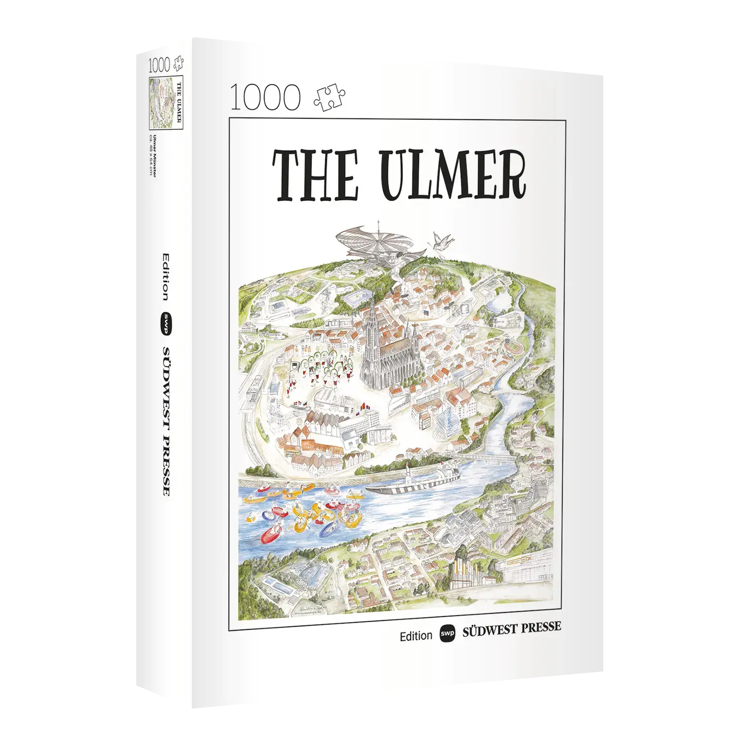 Das Ulm-Puzzle „Die Ulmer“, ein 1000-teiliges Set von Karolina Hajok, erschienen bei der Südwest Presse, enthält einen illustrierten Stadtplan mit Sehenswürdigkeiten, Wasserstraßen und Booten. Es wird in einer eleganten weißen Box mit schwarzem und buntem Aufdruck geliefert.