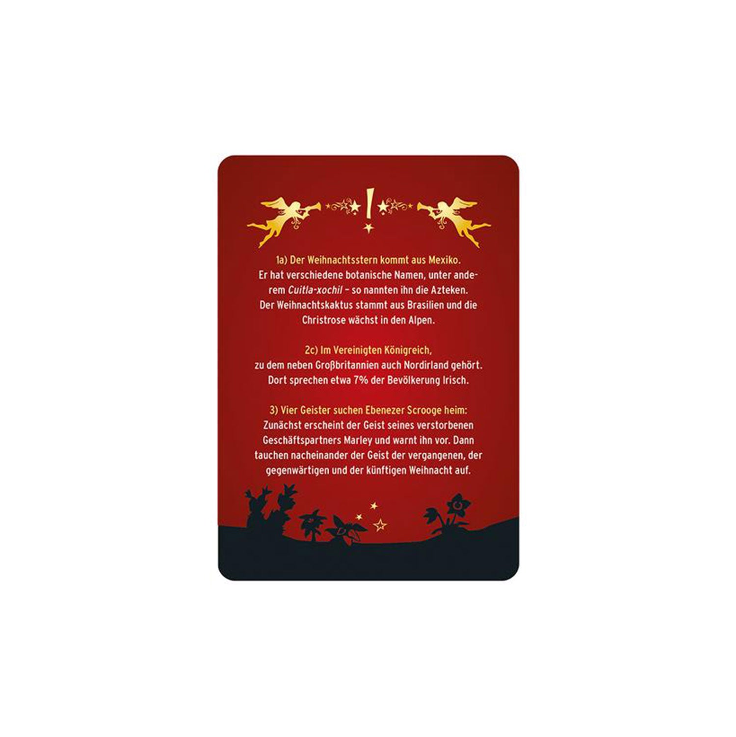 Die Weihnachtsquiz-Karte ist rot und trägt einen deutschen Weihnachtsquiztext. Sie ist oben mit goldenen Blumendekorationen und einem fliegenden Rentier verziert. Schwarz-rote Silhouetten des Weihnachtsmanns, eines Weihnachtsbaums und eines Rentiers zieren den unteren Teil – ideal für die Weihnachtsfeier am Weihnachtsabend.