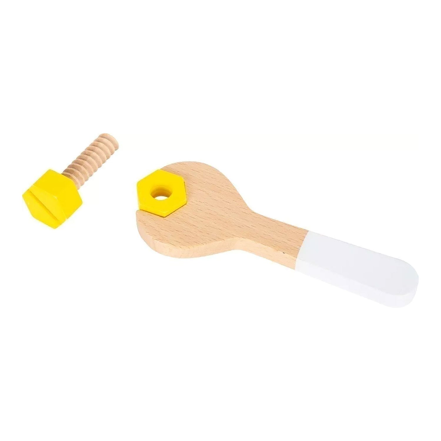 Der „Werkzeugkoffer für Kinder ab 3 Jahren (aus Holz)“ enthält einen hübschen Schraubenschlüssel mit weißem Griff sowie eine gelbe Sechskantmutter und -schraube mit beigem Gewinde, die perfekt dazu geeignet sind, die Fantasie kleiner Handwerker anzuregen und ihre Fähigkeiten zu entwickeln.