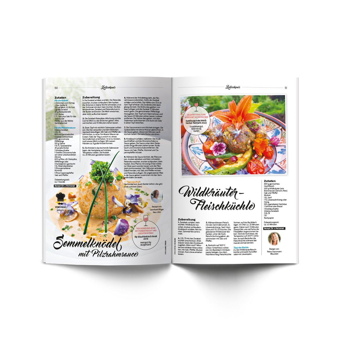 Das Magazin Leibschpeis 2023 I 4. Ausgabe präsentiert bunte Rezepte, links „Semmelknödel mit Pilzrahmsauce“ und rechts „Wildkräuter-Fleischküchle“. Diese von Sternekoch Hendrik Friedrich kreierten Gerichte versprechen ein genussvolles kulinarisches Erlebnis.