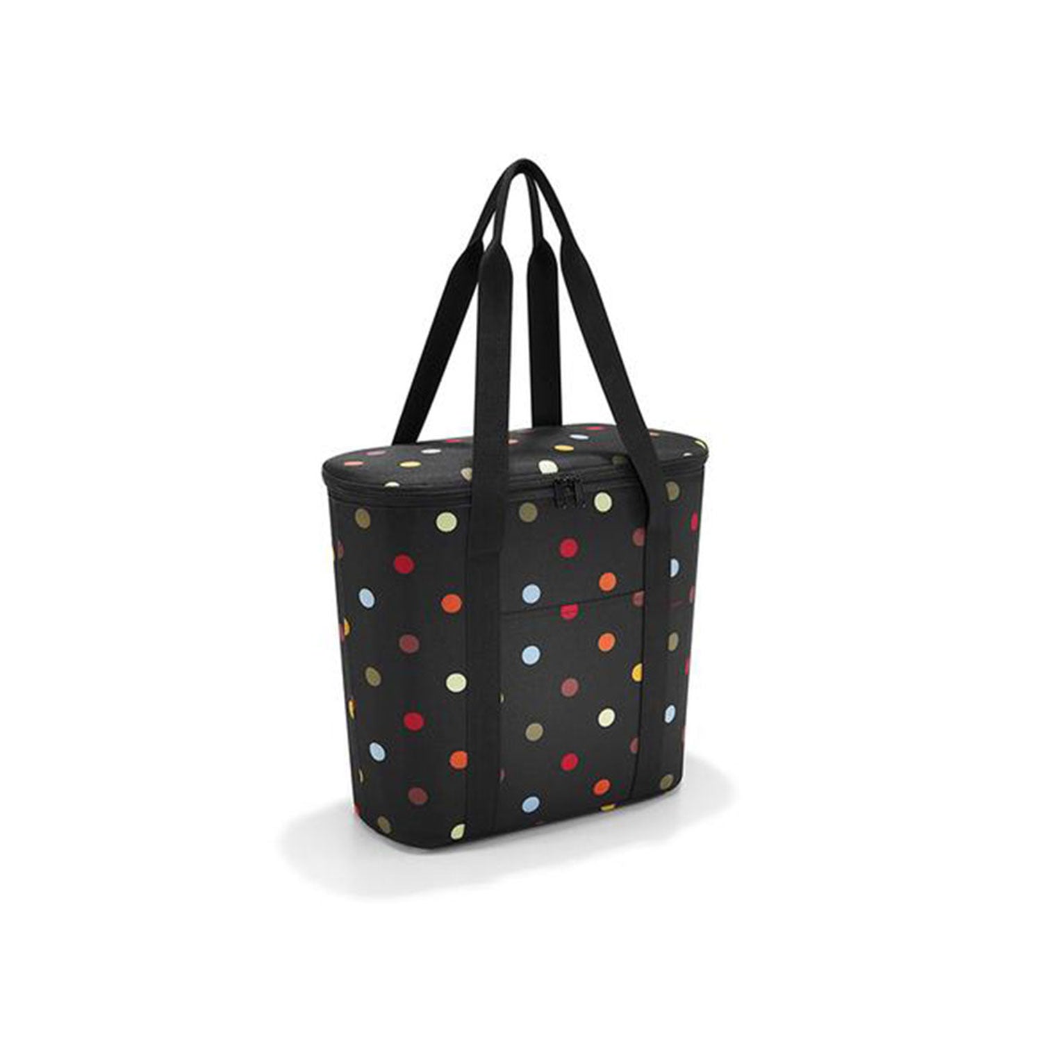 Der Reisenthel Thermoshopper – schwarz ist eine stilvolle Isoliertasche mit langen Griffen und einem leuchtenden Punktemuster in Rot, Gelb, Blau und Braun. Er verfügt über einen Reißverschluss oben und eine praktische Vordertasche und eignet sich perfekt für den Transport frischer Lebensmittel.