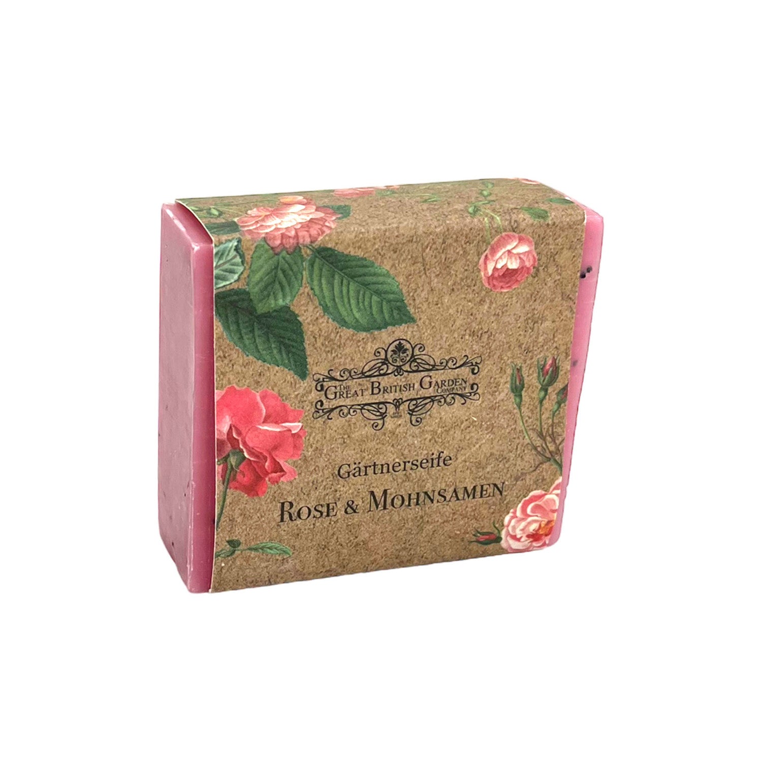 Gärtnerseife Rose & Mohnsamen ist ein rosa, palmölfreies, veganes Seifenstück, das in Blumenpapier eingewickelt ist. Es duftet nach Rosen und Mohn und besticht durch seinen erdigen, natürlichen Look.