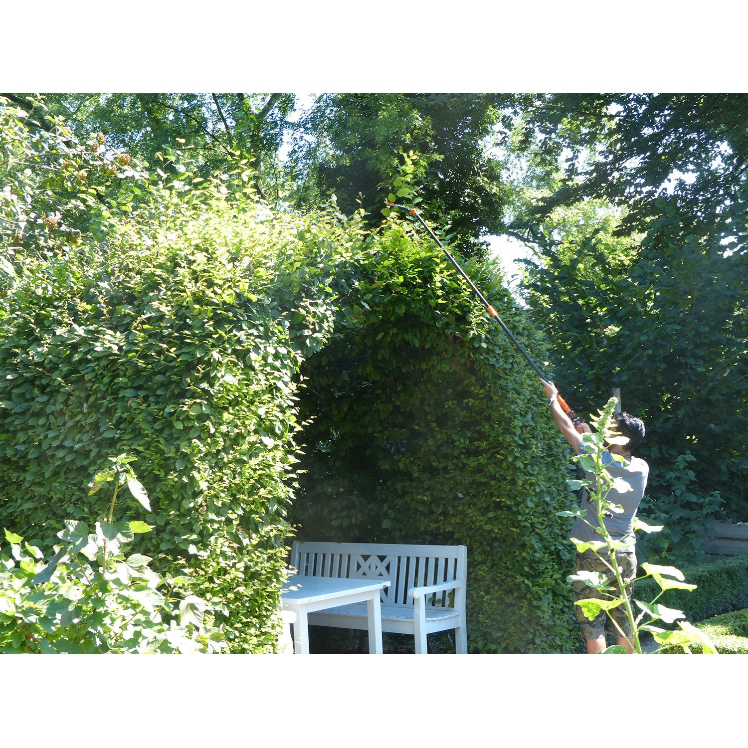 Mit dem Rosenkavalier, einer teleskopierbaren Rosen-Schere, schneidet eine Person eine hohe, üppige Hecke. Unter dem Bogen der Hecke ist ein weißes Tisch- und Stuhlset teilweise sichtbar. Sonnenlicht fällt durch die umliegenden Bäume und unterstreicht die ruhige Gartenszene.