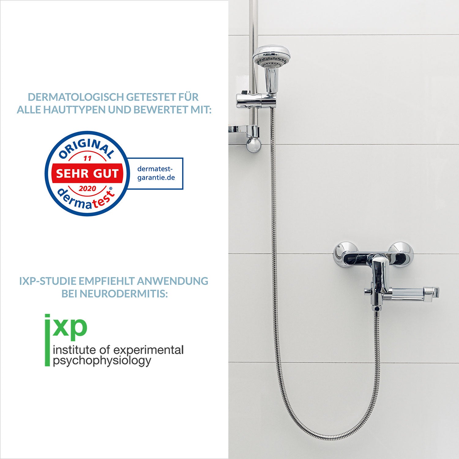 Ein Duschkopf und Bedienknöpfe sind an einer gefliesten Wand angebracht. Links daneben weist ein deutscher Text auf dermatologische Tests von „Deine Salzdusche für Zuhause“ mit Meersalz hin, die von „Original Dermatest“ und dem IXP Institut für Experimentelle Psychophysiologie bei Neurodermitis und empfindlicher Haut empfohlen wird.