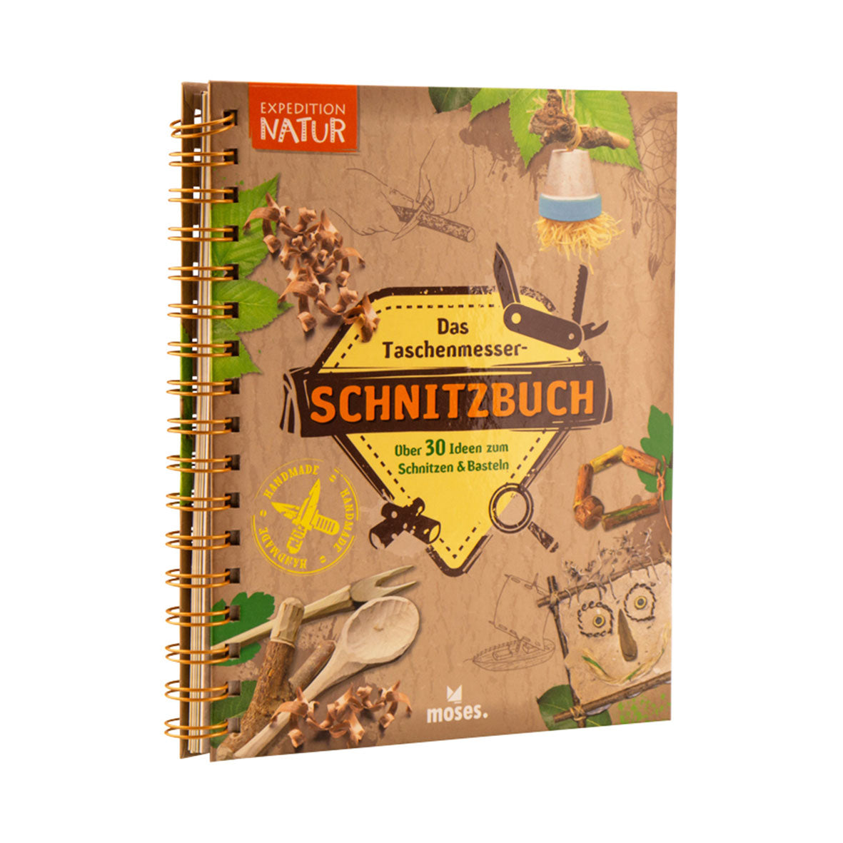Das Cover des Taschenmesser-Schnitzbuchs zeigt geschnitzte Holzgegenstände, Blätter und Werkzeuge – ideal für Bastelbegeisterte. Es bietet Text zu über 30 Schnitzideen und besticht durch ein kreatives, erdiges Spiralbindungsdesign.