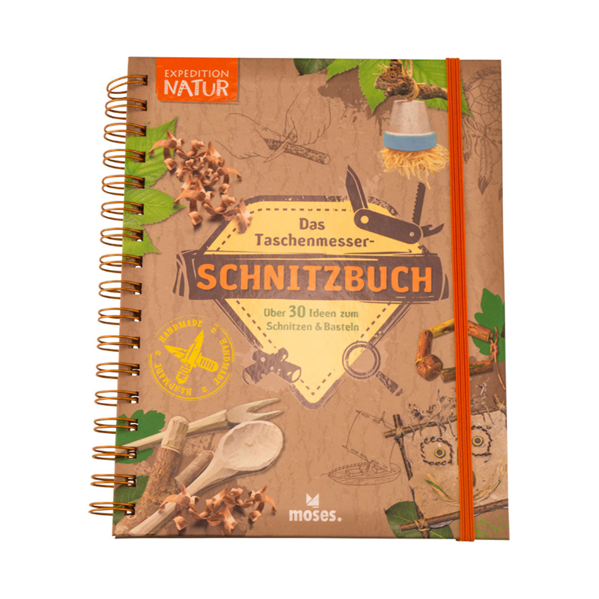 Das spiralgebundene Taschenmesser-Schnitzbuch besticht durch seinen braunen Einband mit lebendigen Illustrationen von Messern, Holzspänen und Schnitzereien. Ideal für Expeditionen in die Natur bietet es über 30 Schnitz- und Bastelideen, akzentuiert mit Grünpflanzen und einem orangefarbenen Gummiband.