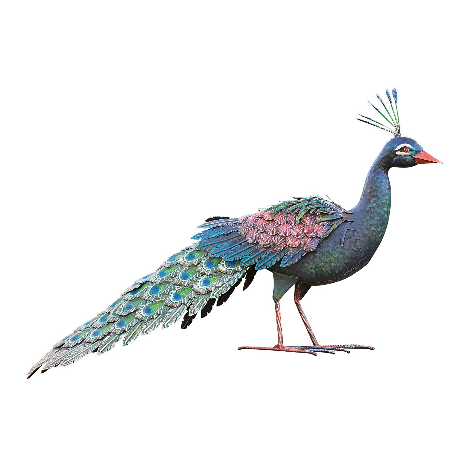 Der „Schreitende Pfau“ ist eine farbenfrohe, handgefertigte Metallskulptur, die ein Pfauenmännchen mit aufwendigen Details und leuchtenden Blau-, Grün- und Rosatönen darstellt. Er steht auf einem schlichten weißen Hintergrund und betont seinen langen Schwanz und seine anmutige Pose – ein Sinnbild für Garteneleganz.