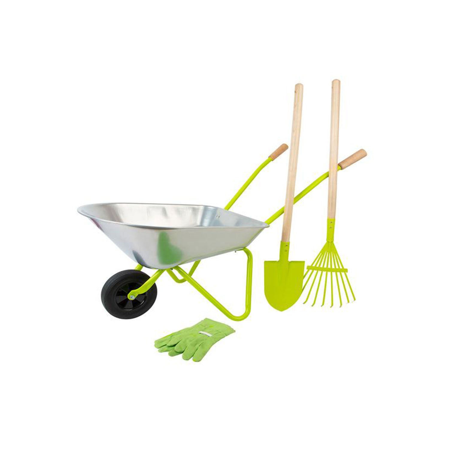 Die Schubkarre für Kinder mit Gartenwerkzeug wie einer Schaufel, einem Rechen und Gartenhandschuhen.