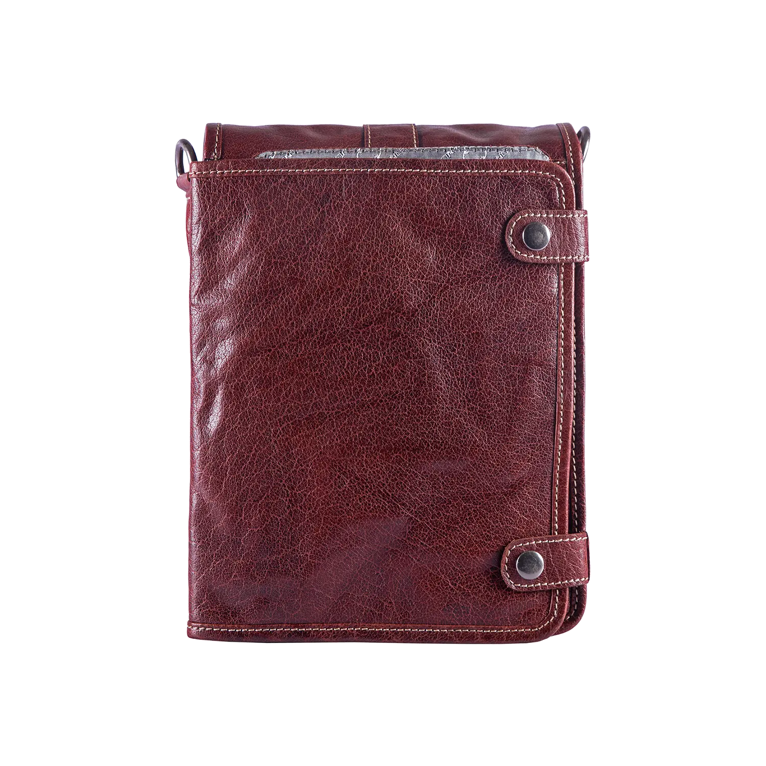 Die Alpenleder-Umhängetasche GALILEO besteht aus braunem Leder mit strukturierter Oberfläche, zwei Druckknopfverschlüssen auf der rechten Seite, verstärkten Randnähten und einem Schultergurt für den einfachen Übergang von der Ledertasche zum Messenger-Bag-Stil.