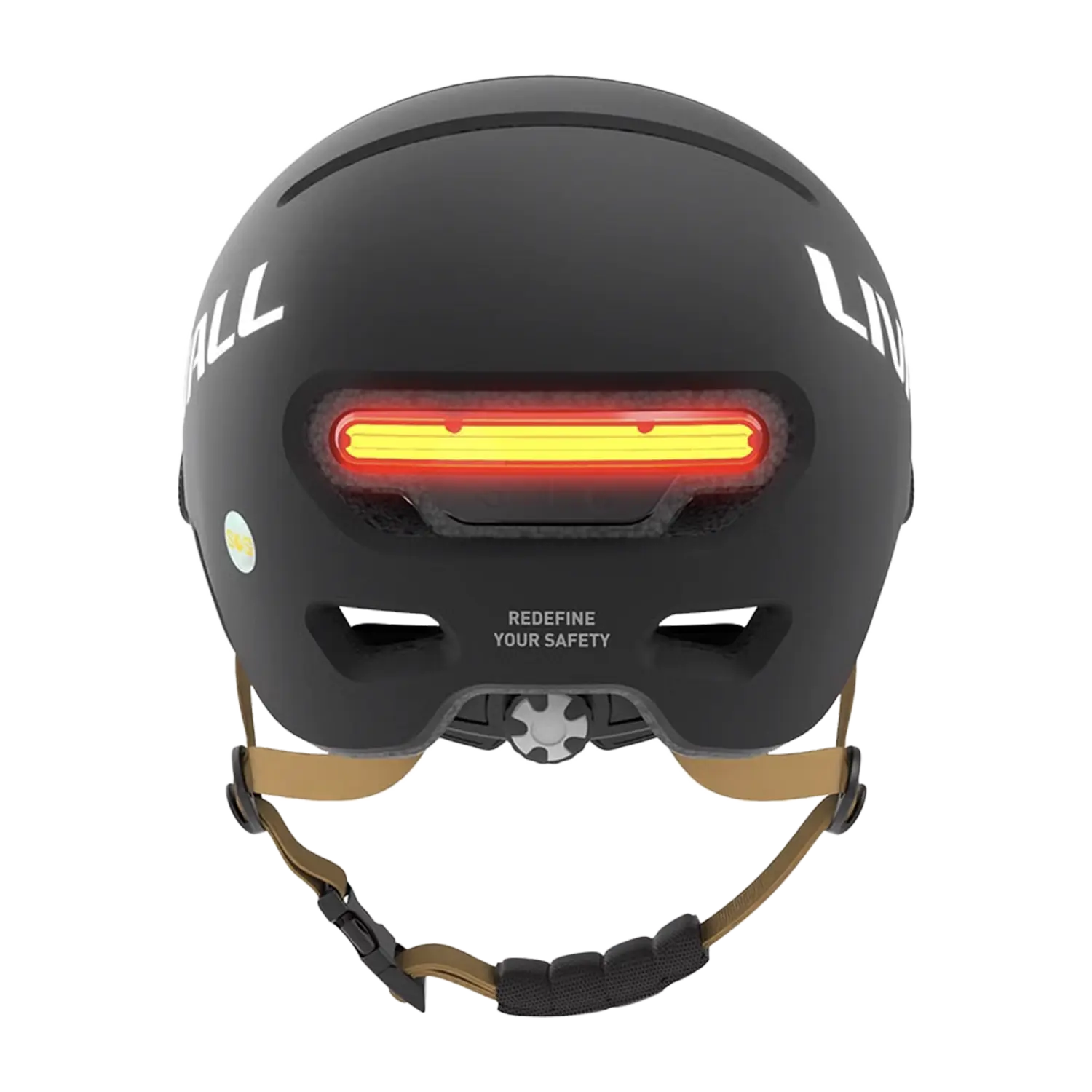 Ein schwarzer Fahrradhelm mit Visier, Bremslicht und SOS-Alarm von hinten gesehen; Auffälliges rotes LED-Licht, verstellbarer Gurt und „REDEFINE YOUR SAFETY“ am unteren Rand sorgen für maximale Sichtbarkeit.