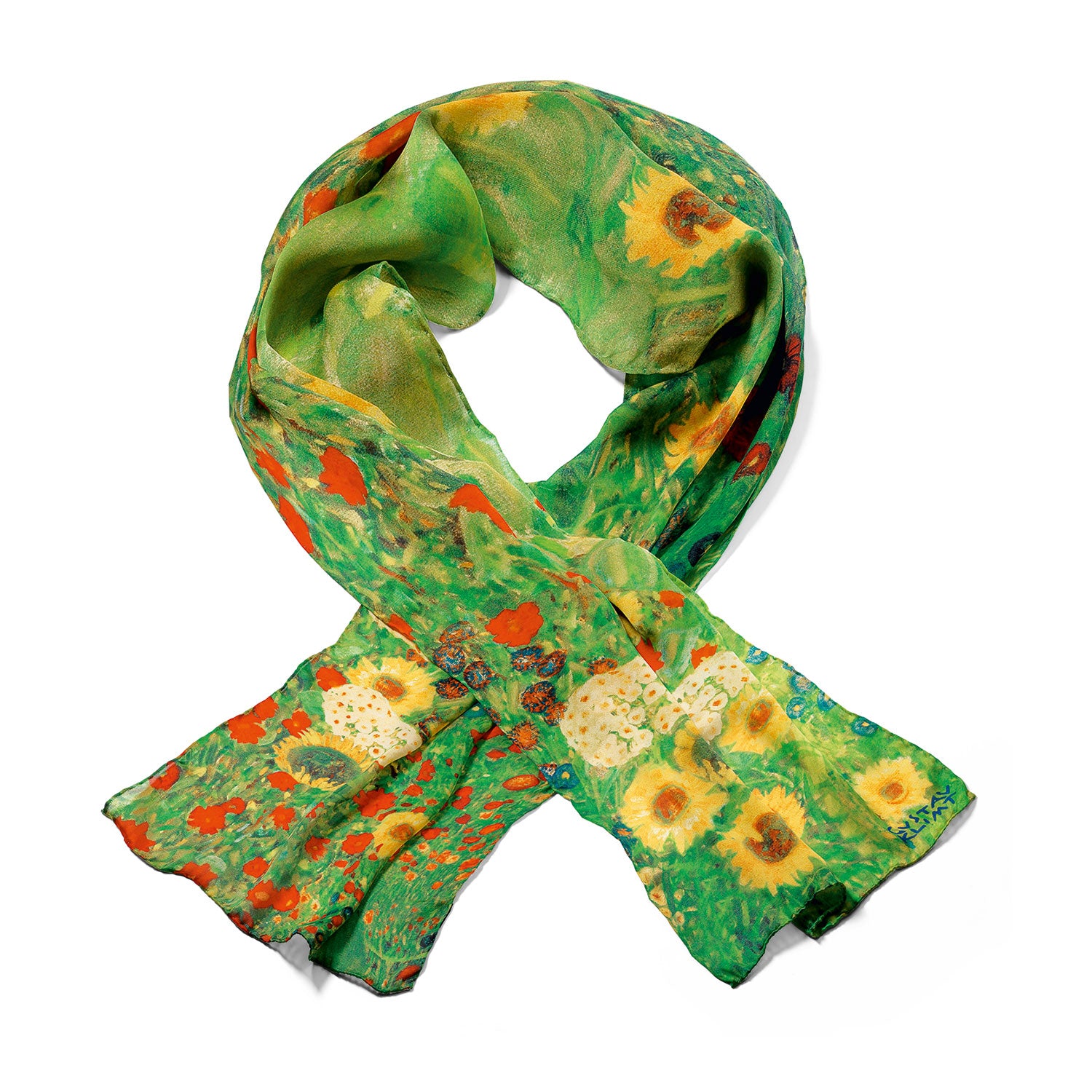 Der exklusive Seidenschal „Bauerngarten mit Sonnenblumen“ zeigt ein lebendiges Blumenmuster, das von einem Klimt-Gemälde inspiriert ist und Sonnenblumen und Mohnblumen in Grün, Gelb und Rot auf reiner weißer Seide zeigt.