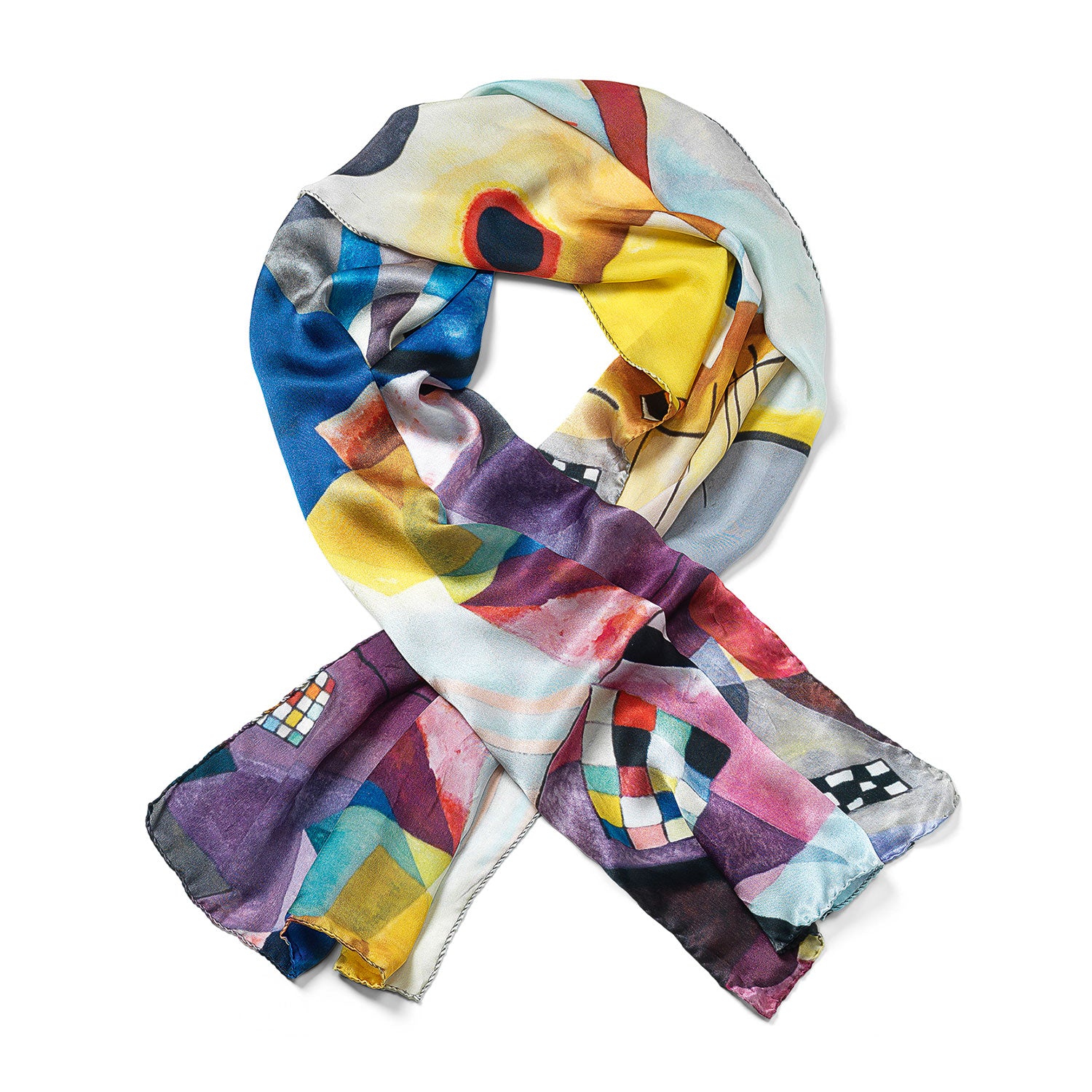 Der Seidenschal „Gelb – Rot – Blau“ ist ein farbenfroher Seidenschal mit einem abstrakten geometrischen Muster, das von Kandinsky inspiriert wurde und leuchtend blaue, gelbe und violette Quadrate, Kreise und Formen zeigt, die kunstvoll zu einer Schleife drapiert sind.