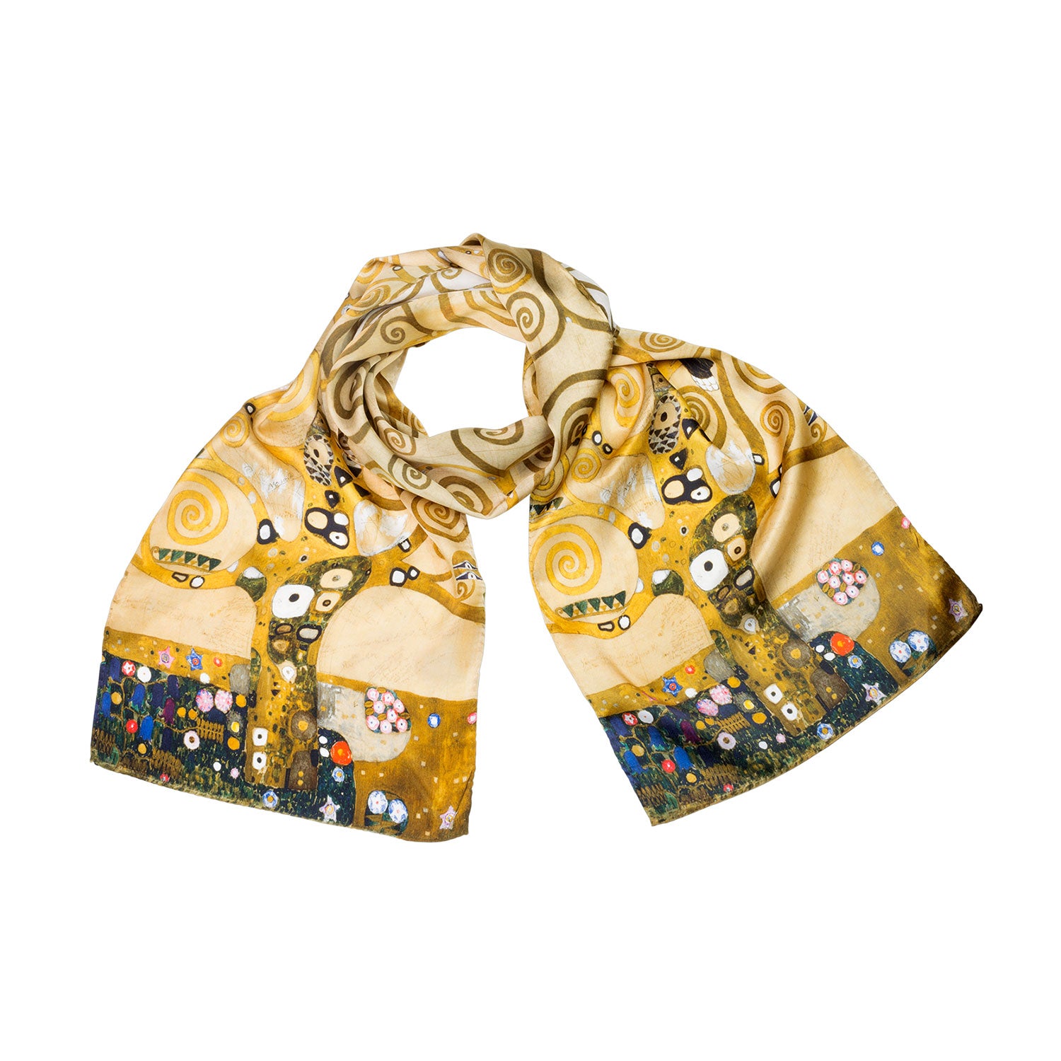 Ein lebendiger Seidenschal „Lebensbaum“, inspiriert von Gustav Klimts Design, mit wirbelnden Mustern und floralen Elementen in Gold, Gelb, Blau, Rot und Grün auf zartem Satin-Seide-Stoff.