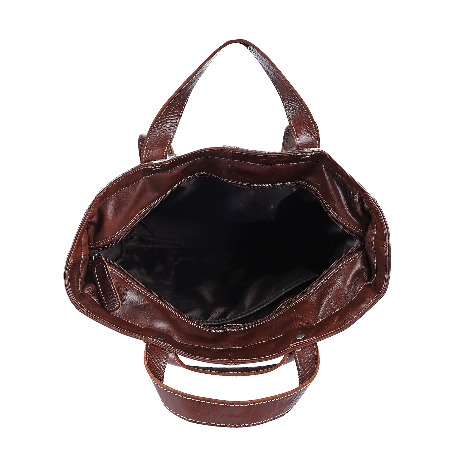 Offene Draufsicht des leeren braunen Alpenleder-Shoppers HALLODRI mit zwei Tragegriffen. Dieses Unikat-Design besticht durch ein dunkel stoffgefüttertes Innenleben mit einer Reißverschlusstasche an einer Seite und zeugt von exquisiter Handwerkskunst.