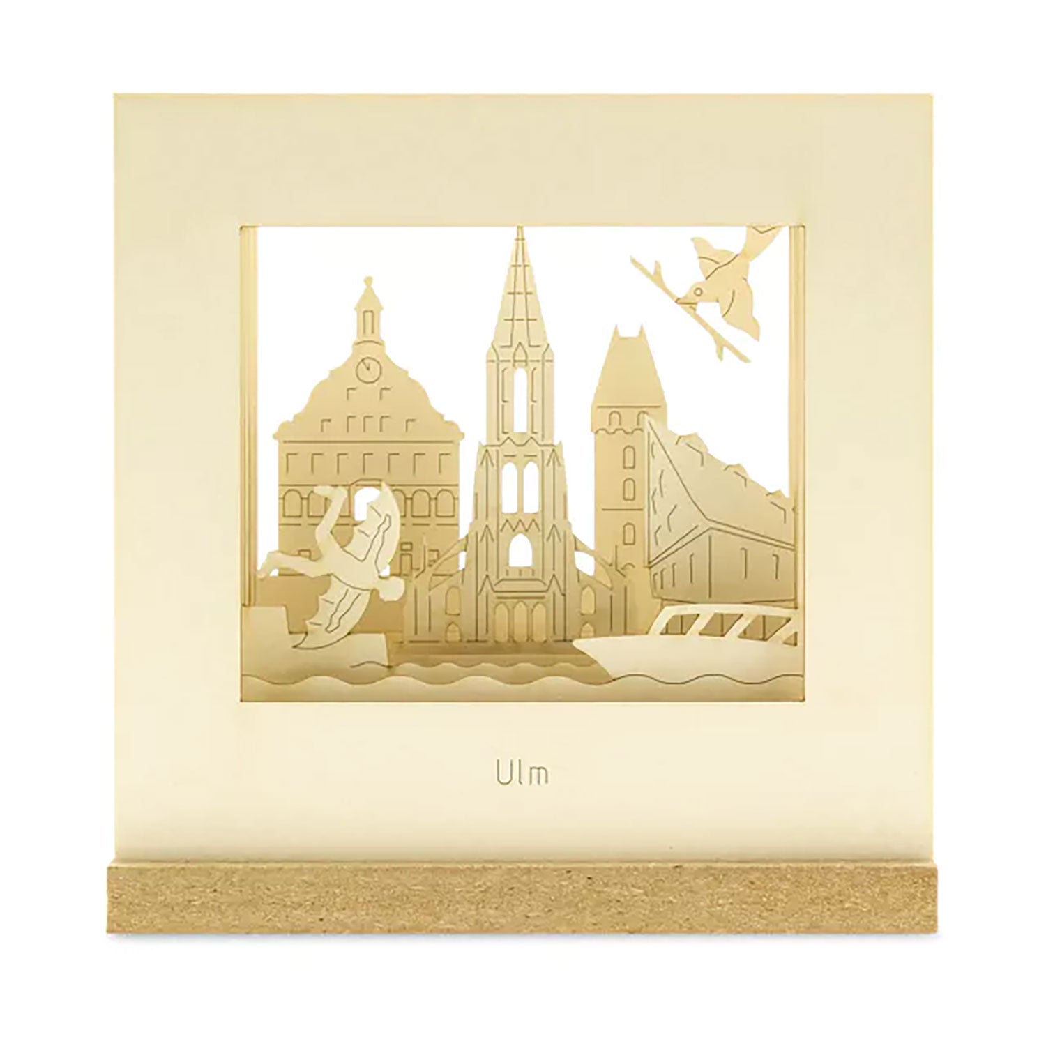Die Ulm-SILHOURAMA Silhoubox L ist ein exquisiter, dekorativer Papieraufsteller, der die Silhouette Ulms einfängt. Sie zeigt Wahrzeichen wie das Ulmer Münster, abstrakte Figuren und Vögel auf neutralem Hintergrund, mit der eleganten Aufschrift „Ulm“ am Boden – perfekt als Geschenk für Ulm-Fans.
