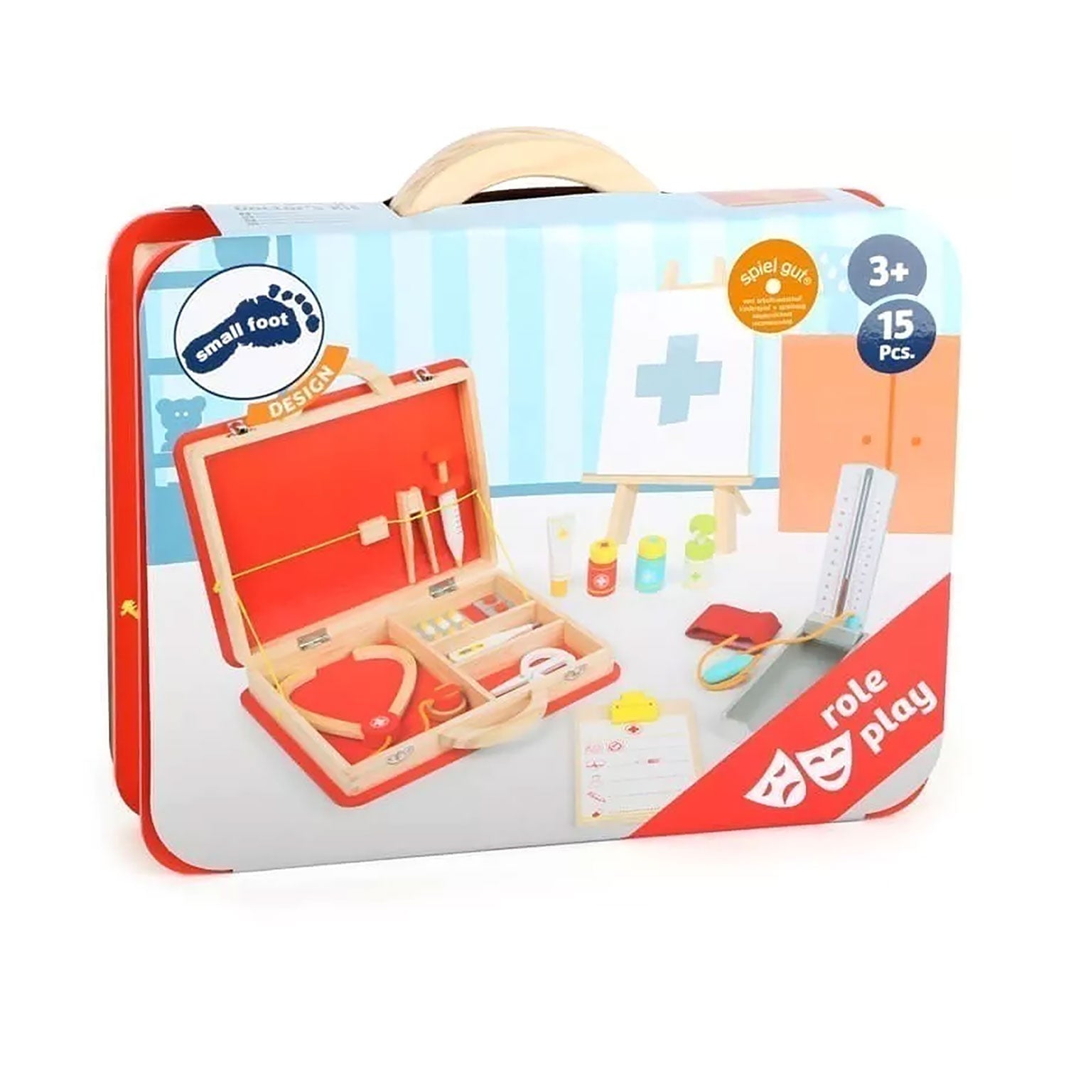 Der Arztkoffer für Kinder ist ein hochwertiges Arzt-Rollenspielset aus Holz im Koffer mit 15 Teilen, darunter Stethoskop, Spritze und Thermometer. Er ist farbenfroh verpackt und mit einem Kreuzsymbol versehen und für Kinder ab 3 Jahren geeignet.