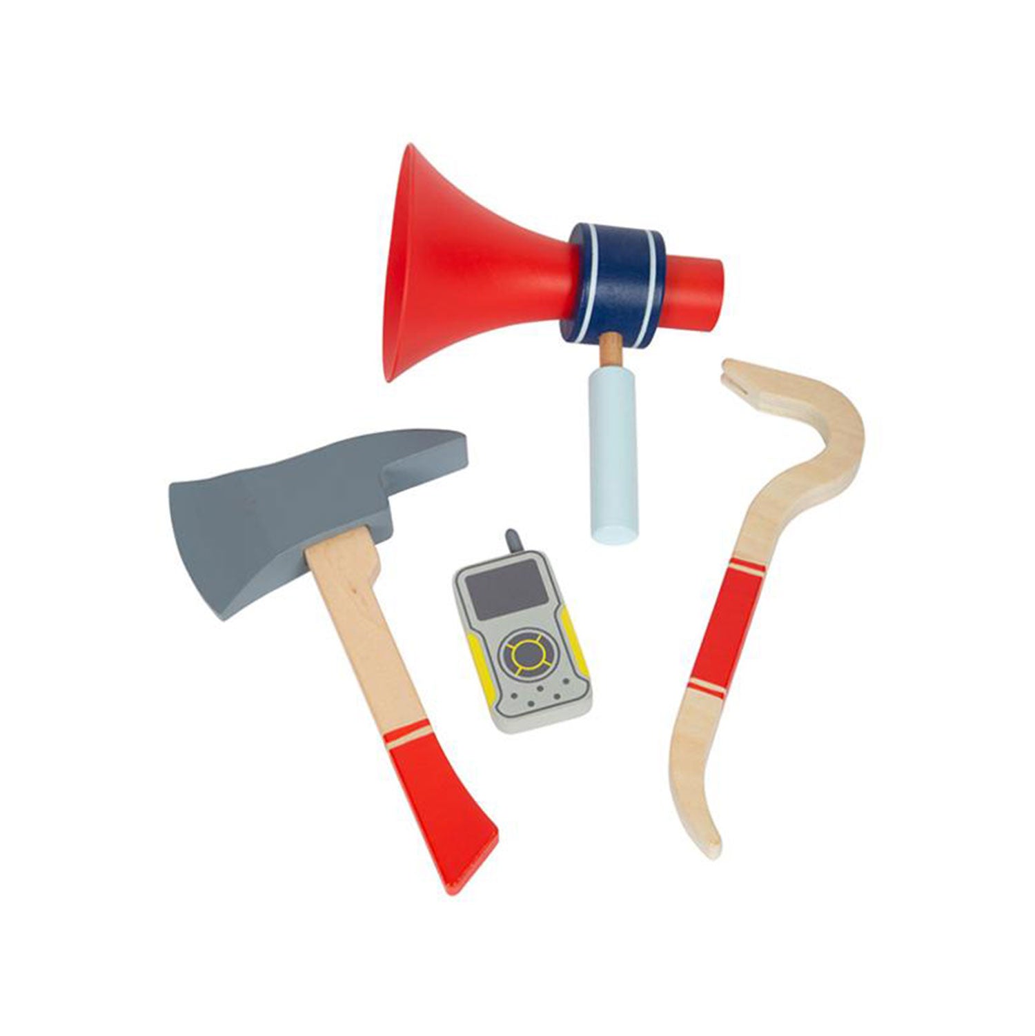 Der Feuerwehrrucksack für Kinder ist auf weißem Hintergrund abgebildet und zeigt ein rotes Megaphon, eine graue Axt mit rotem Griff, ein gelb-graues Walkie-Talkie und ein beiges Brecheisen mit roten Akzenten – ideal für jedes Feuerwehrabenteuer eines Kindes!.