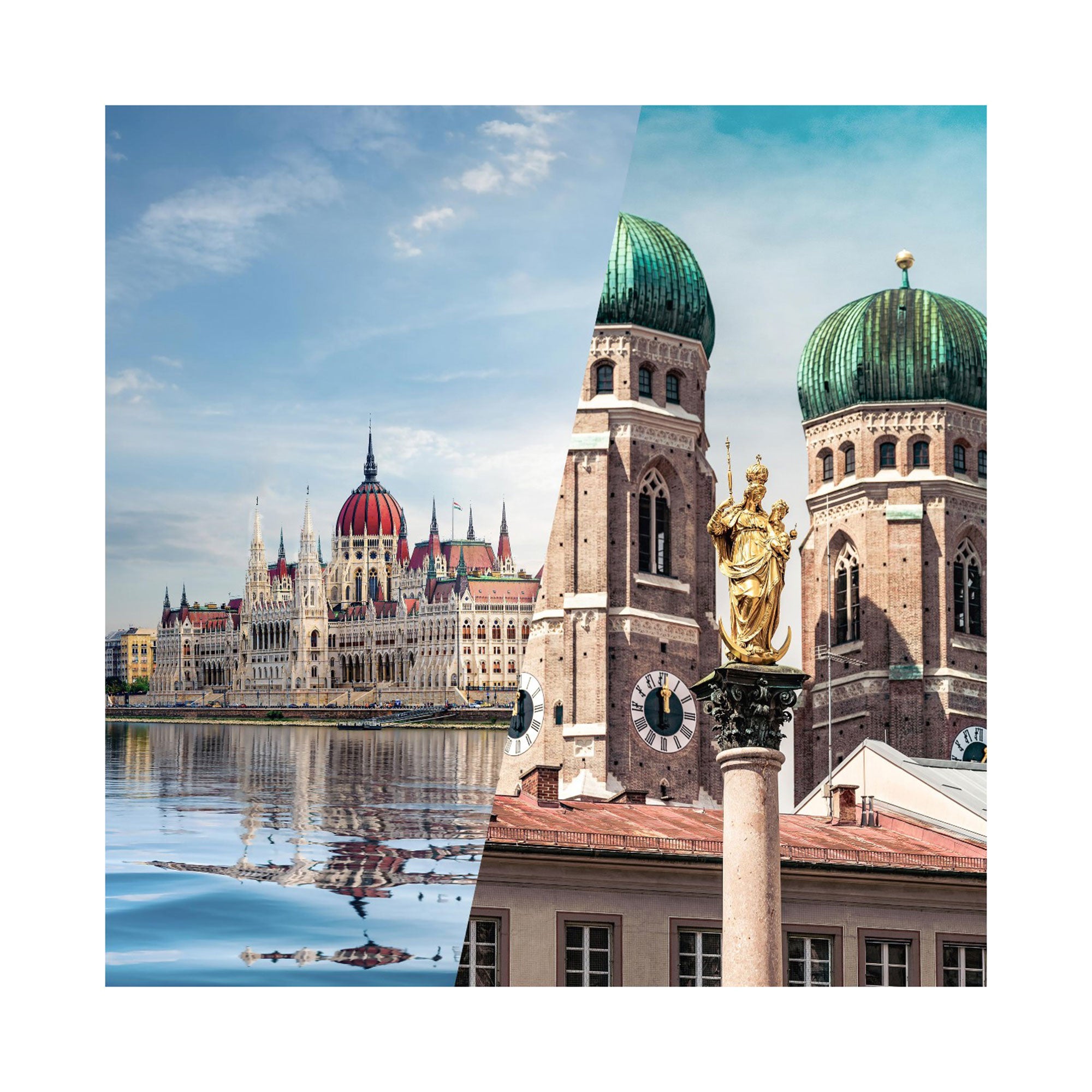 Das zusammengesetzte Bild auf der Geschenkbox Städtereise zeigt das ungarische Parlament neben der Münchner Frauenkirche mit ihren Zwillingskuppeln, alles unter einem klaren blauen Himmel mit einer goldenen Statue davor, ideal für Städtereisen.